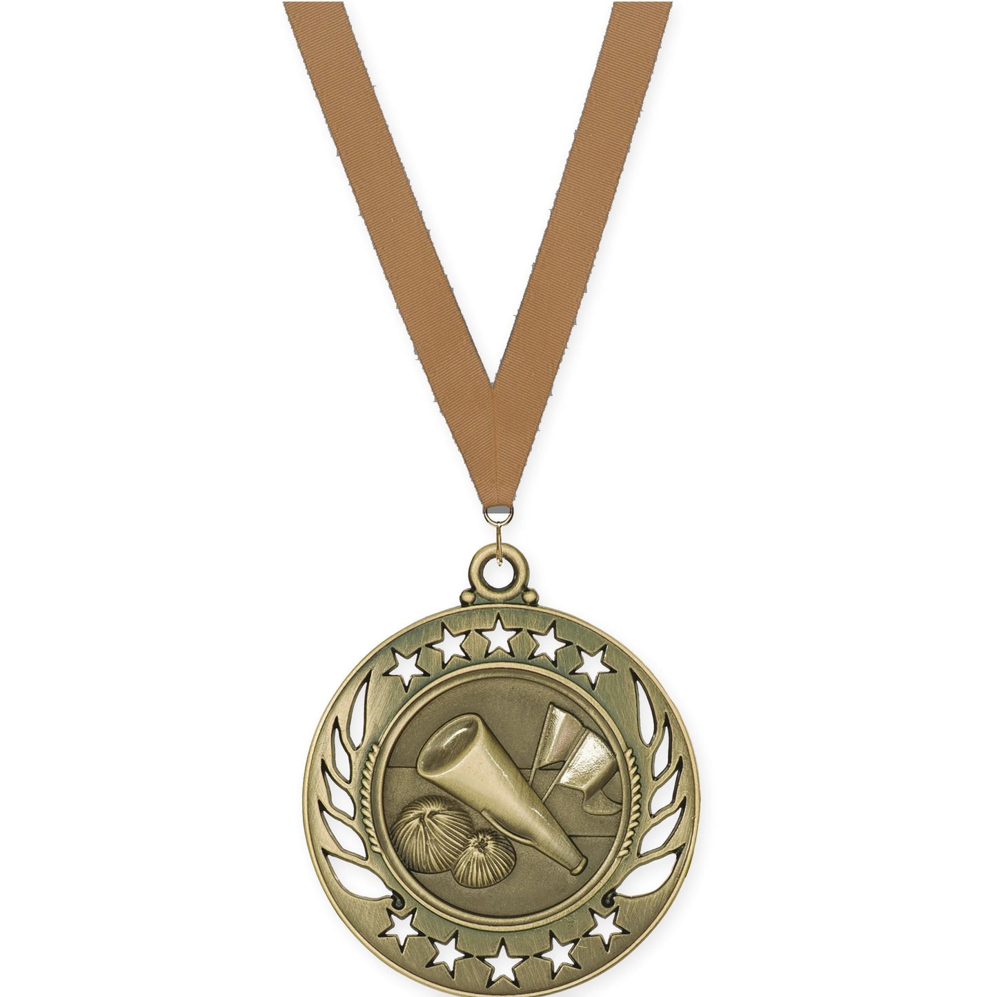 2 1/4 inch cheerleading Galaxy medal in antique gold with Bronze Metallic neck ribbon