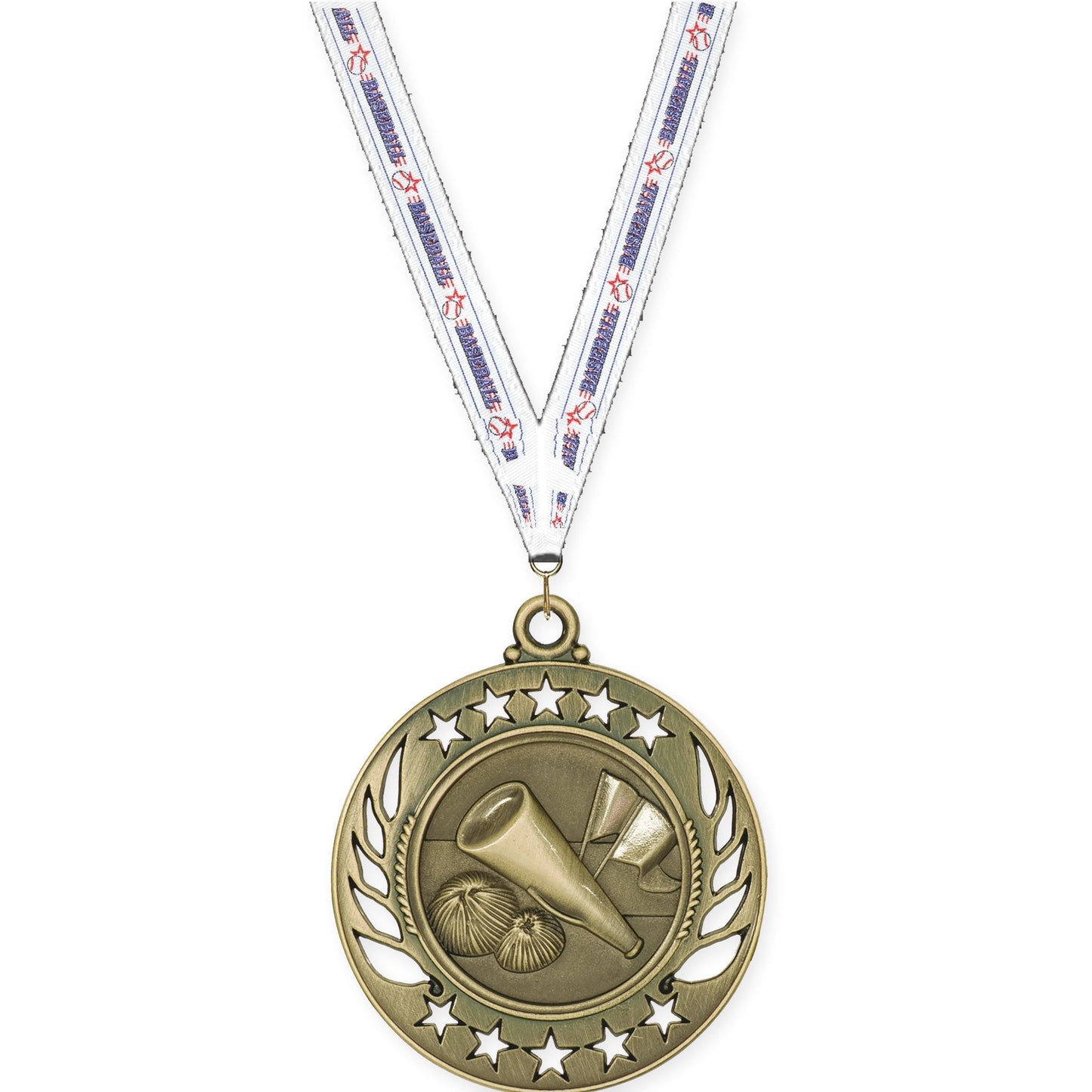 2 1/4 inch cheerleading Galaxy medal in antique gold with Baseball neck ribbon