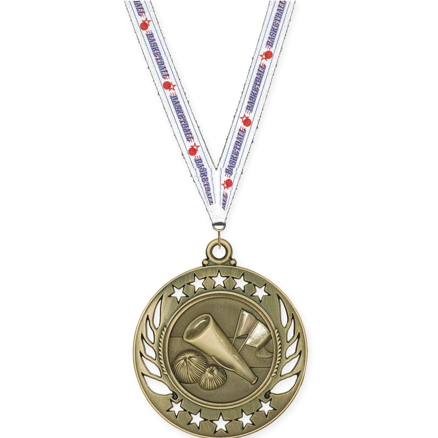 2 1/4 inch cheerleading Galaxy medal in antique gold with Basketball neck ribbon