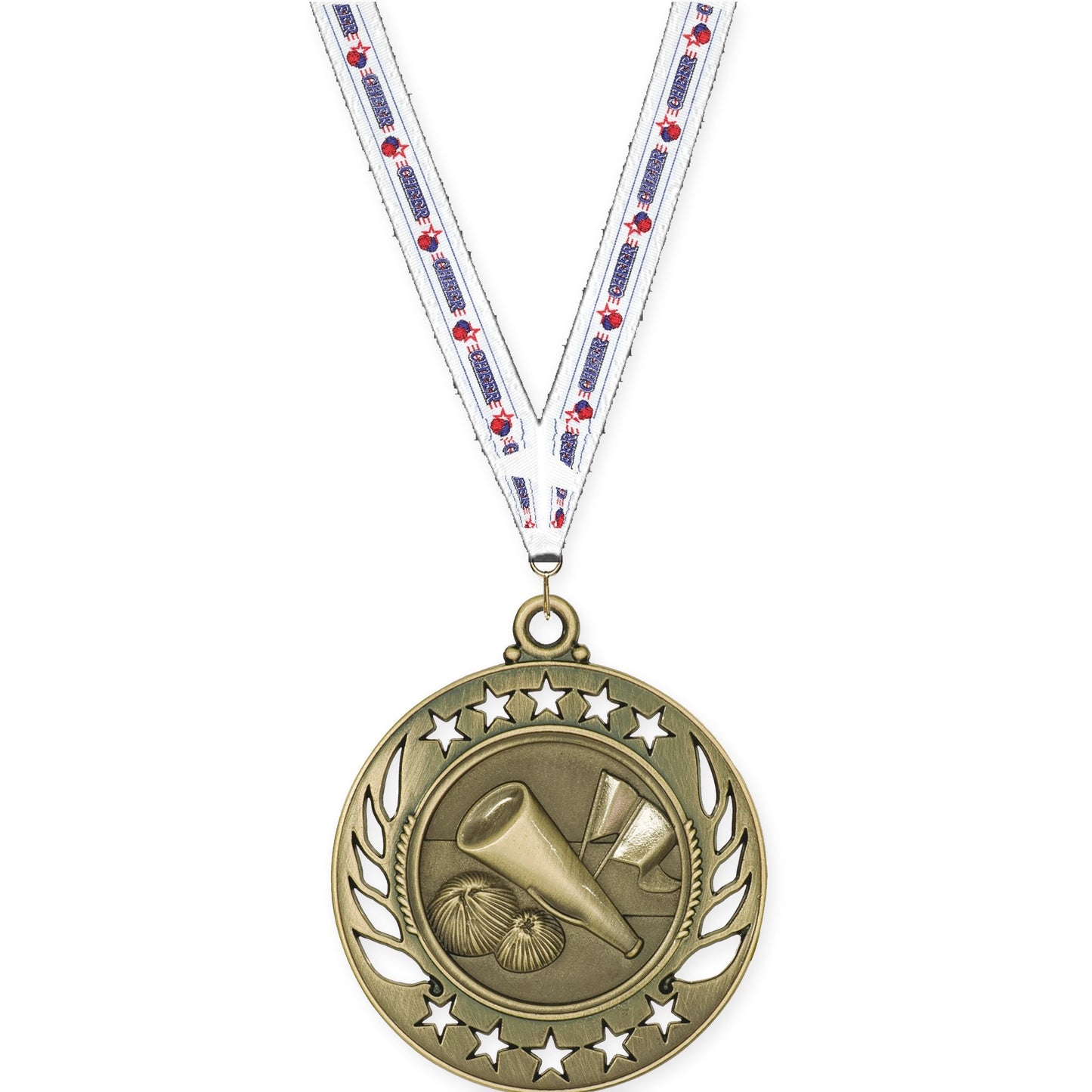 2 1/4 inch cheerleading Galaxy medal in antique gold with Cheerleading neck ribbon