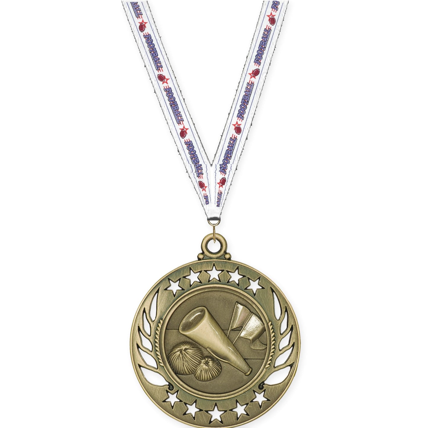 2 1/4 inch cheerleading Galaxy medal in antique gold with Football neck ribbon