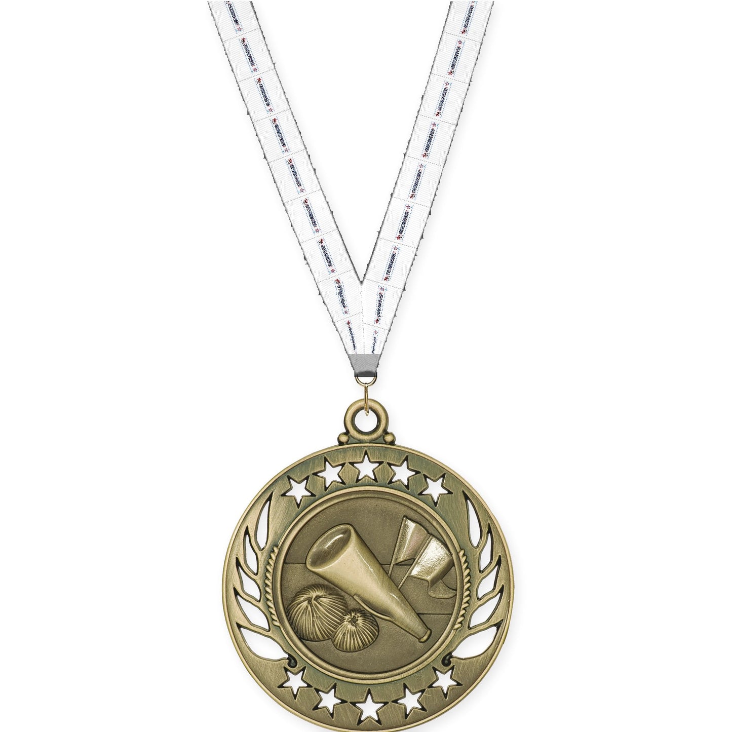 2 1/4 inch cheerleading Galaxy medal in antique gold with Gymnastics neck ribbon