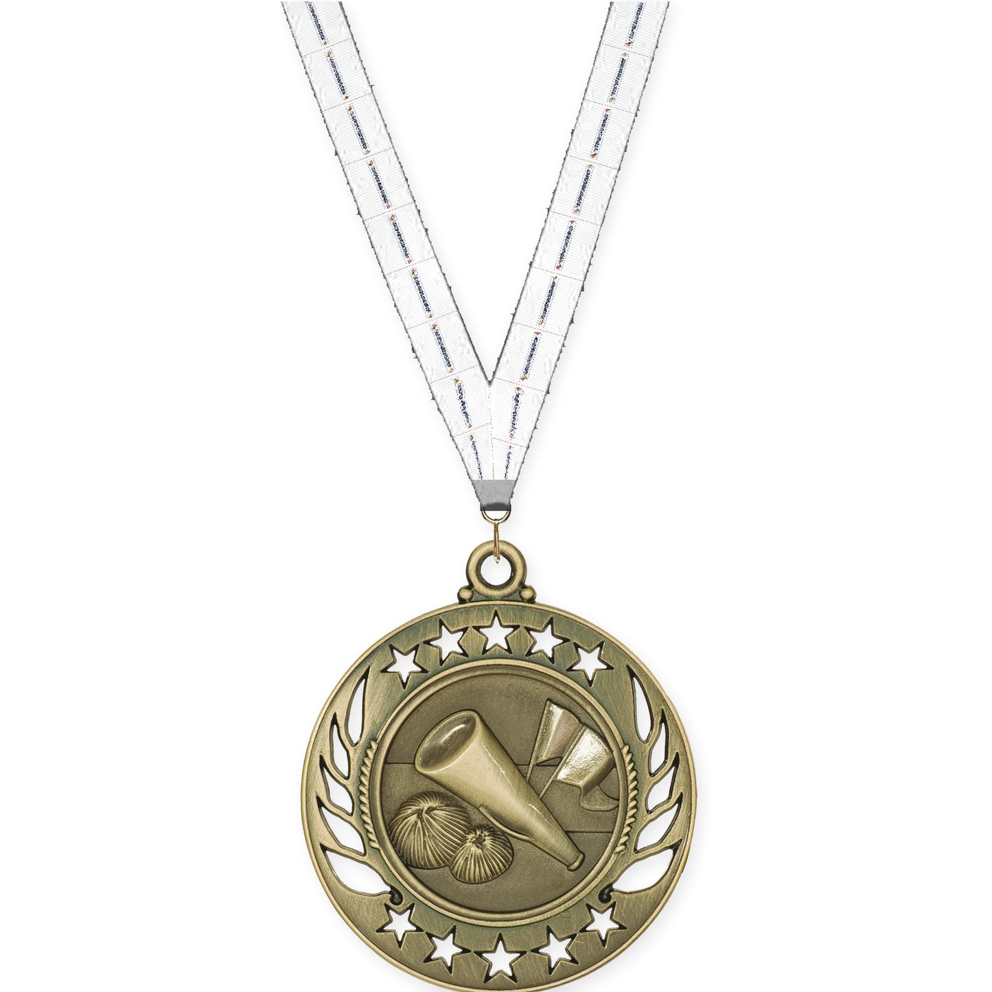2 1/4 inch cheerleading Galaxy medal in antique gold with Lamp Of Knowledge neck ribbon