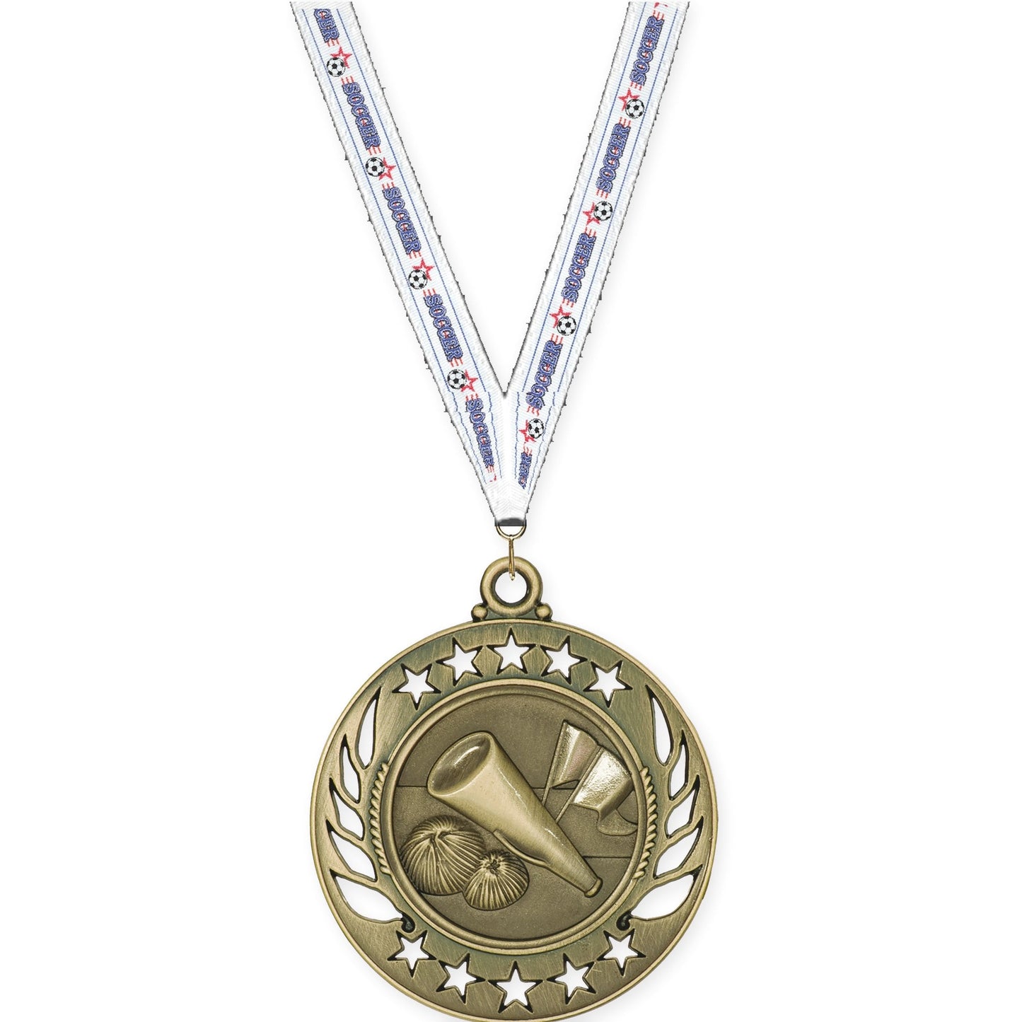 2 1/4 inch cheerleading Galaxy medal in antique gold with Soccer neck ribbon