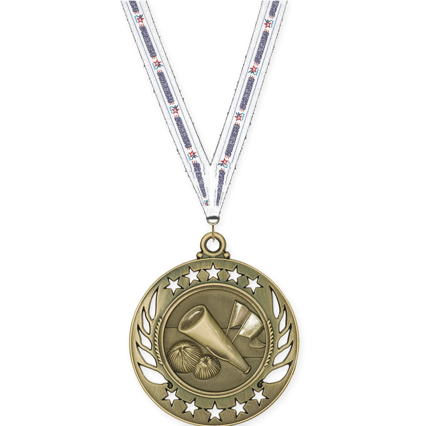 2 1/4 inch cheerleading Galaxy medal in antique gold with Swimming neck ribbon
