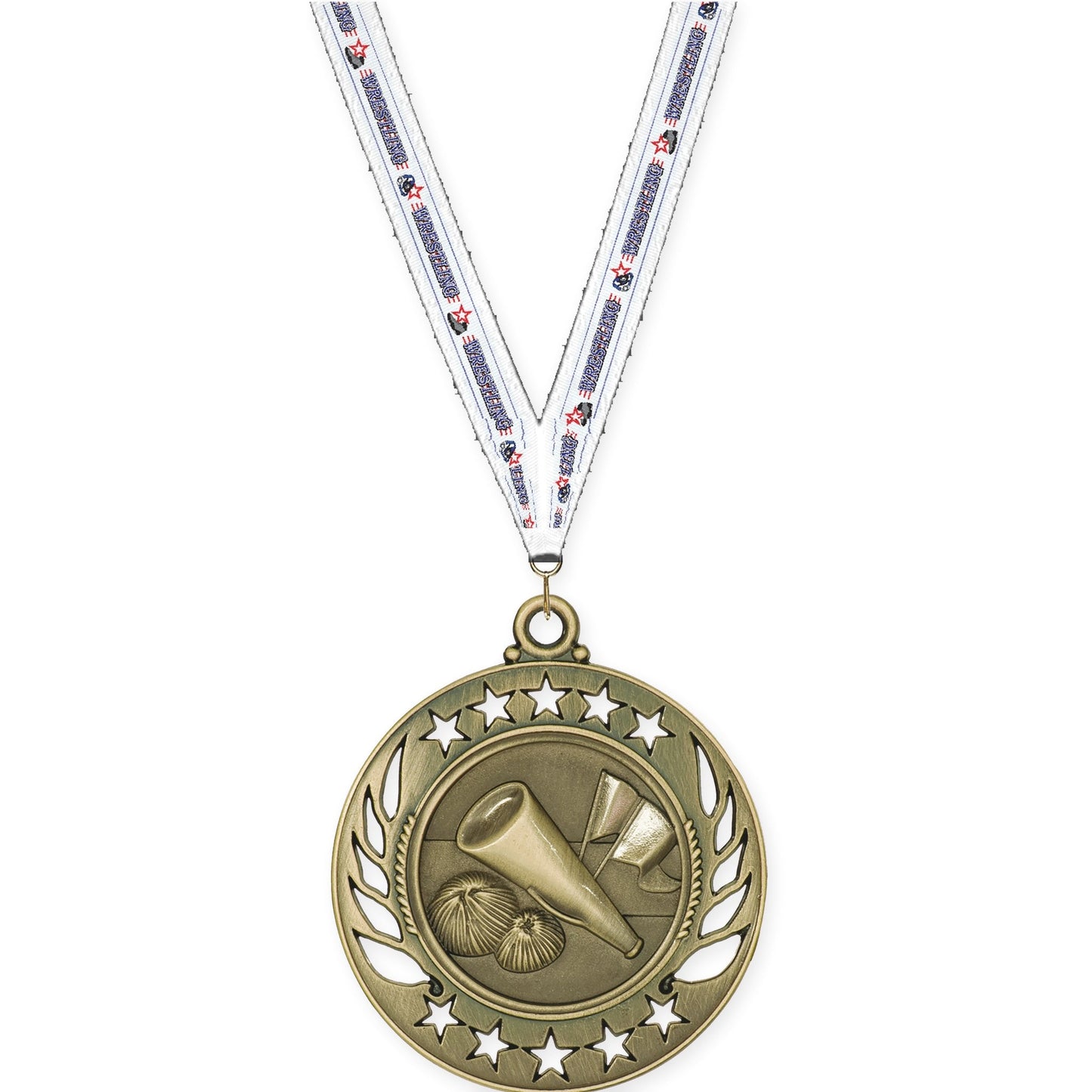 2 1/4 inch cheerleading Galaxy medal in antique gold with Wrestling neck ribbon