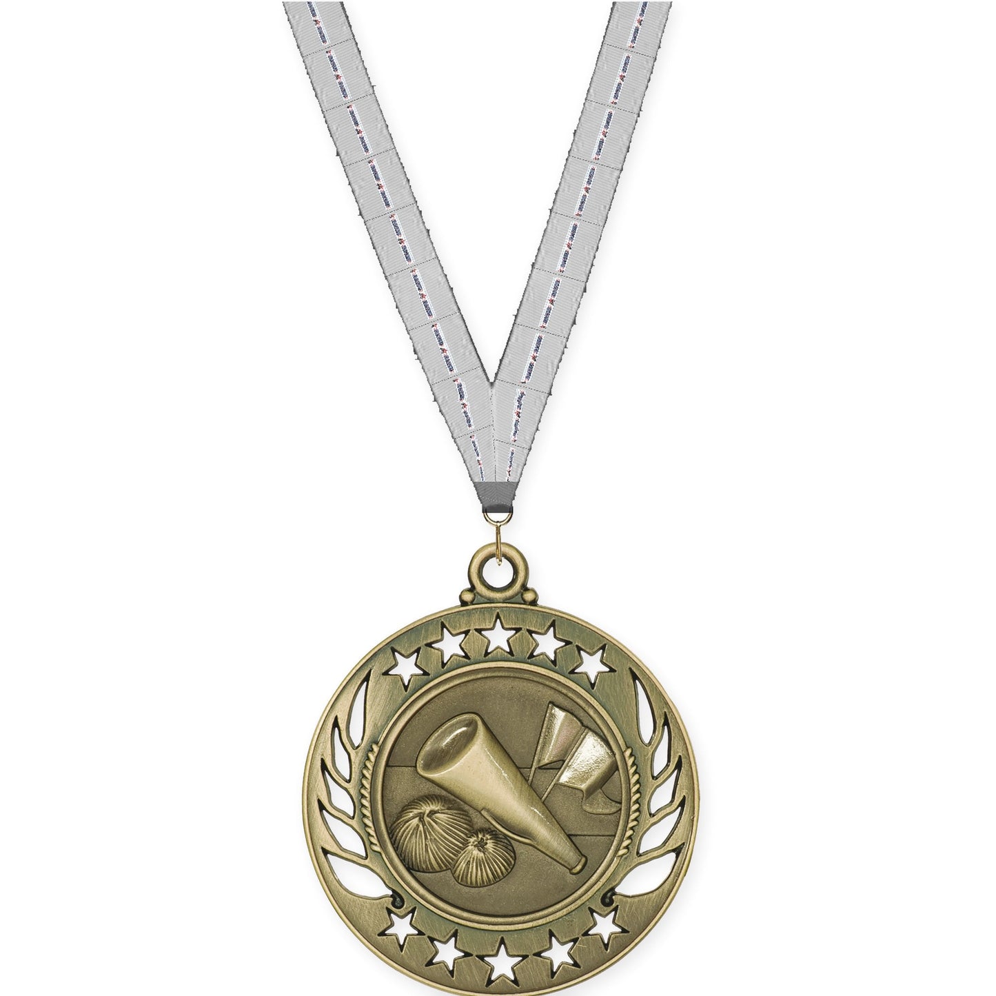 2 1/4 inch cheerleading Galaxy medal in antique gold with Auto Racing neck ribbon