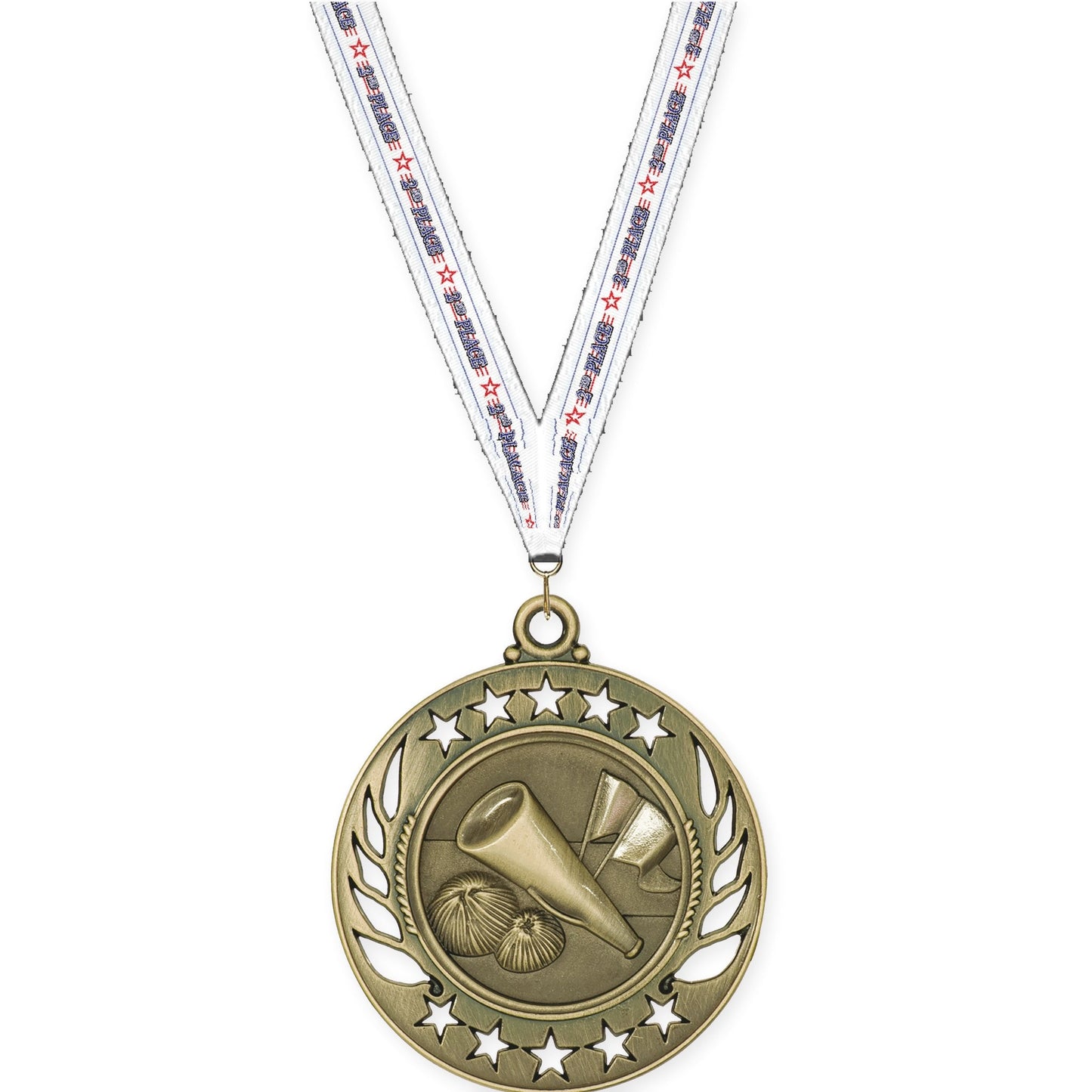 2 1/4 inch cheerleading Galaxy medal in antique gold with 2nd Place neck ribbon