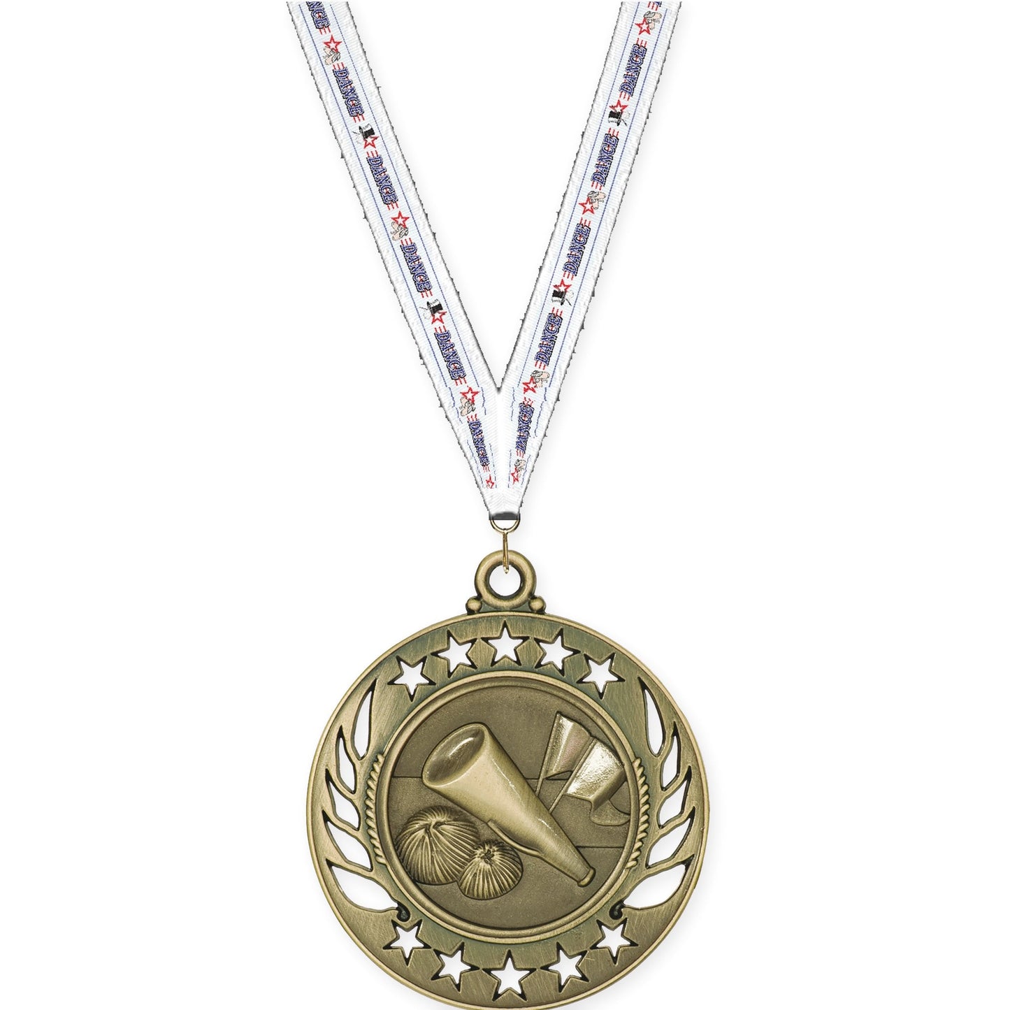 2 1/4 inch cheerleading Galaxy medal in antique gold with Dance neck ribbon