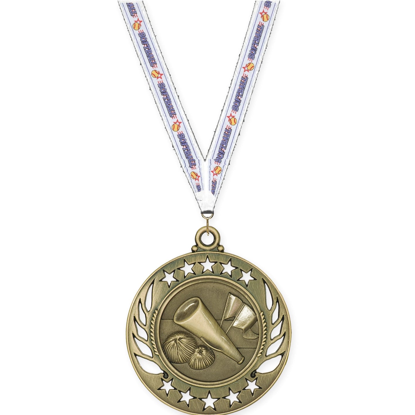 2 1/4 inch cheerleading Galaxy medal in antique gold with Softball neck ribbon