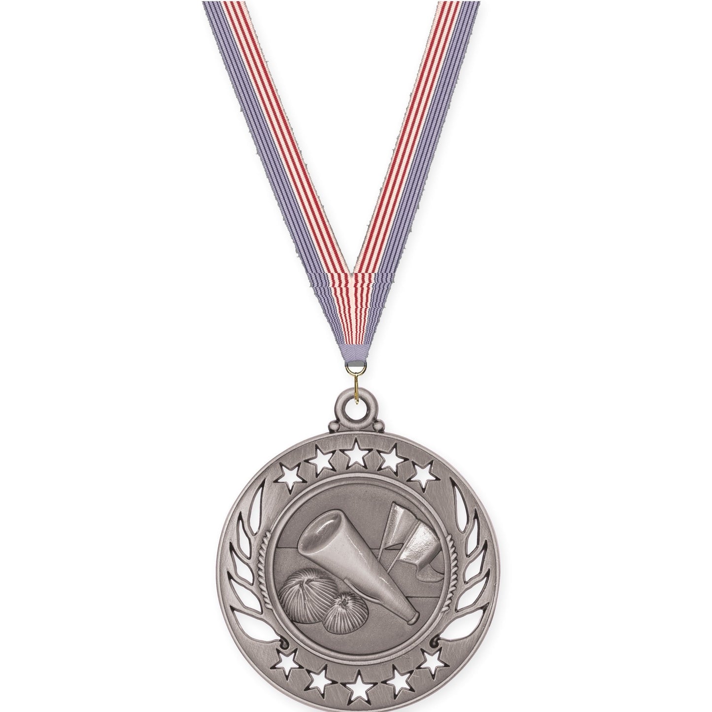 2 1/4 inch cheerleading Galaxy medal in antique silver with USA Flag neck ribbon