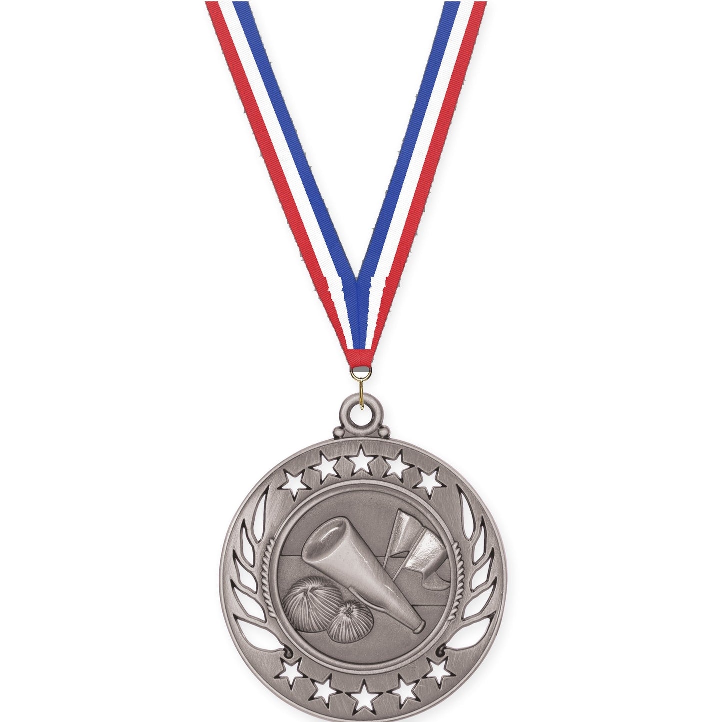 2 1/4 inch cheerleading Galaxy medal in antique silver with Red White Blue neck ribbon