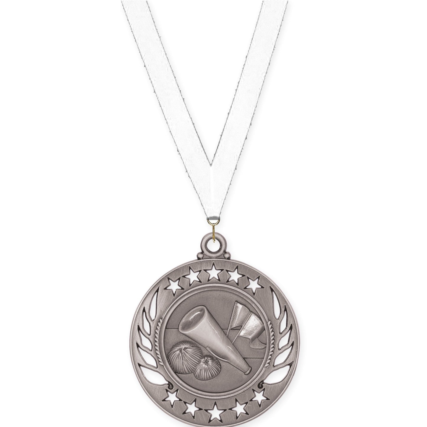 2 1/4 inch cheerleading Galaxy medal in antique silver with White neck ribbon