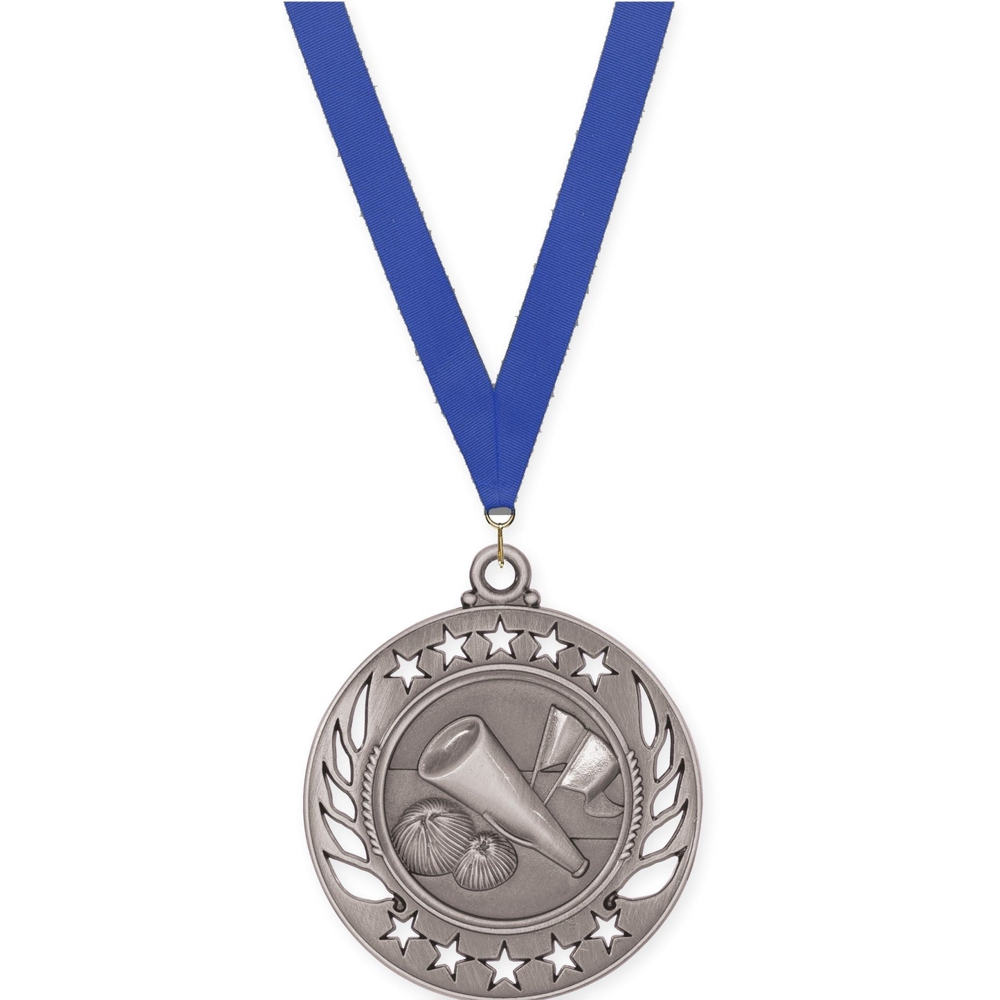 2 1/4 inch cheerleading Galaxy medal in antique silver with Blue neck ribbon