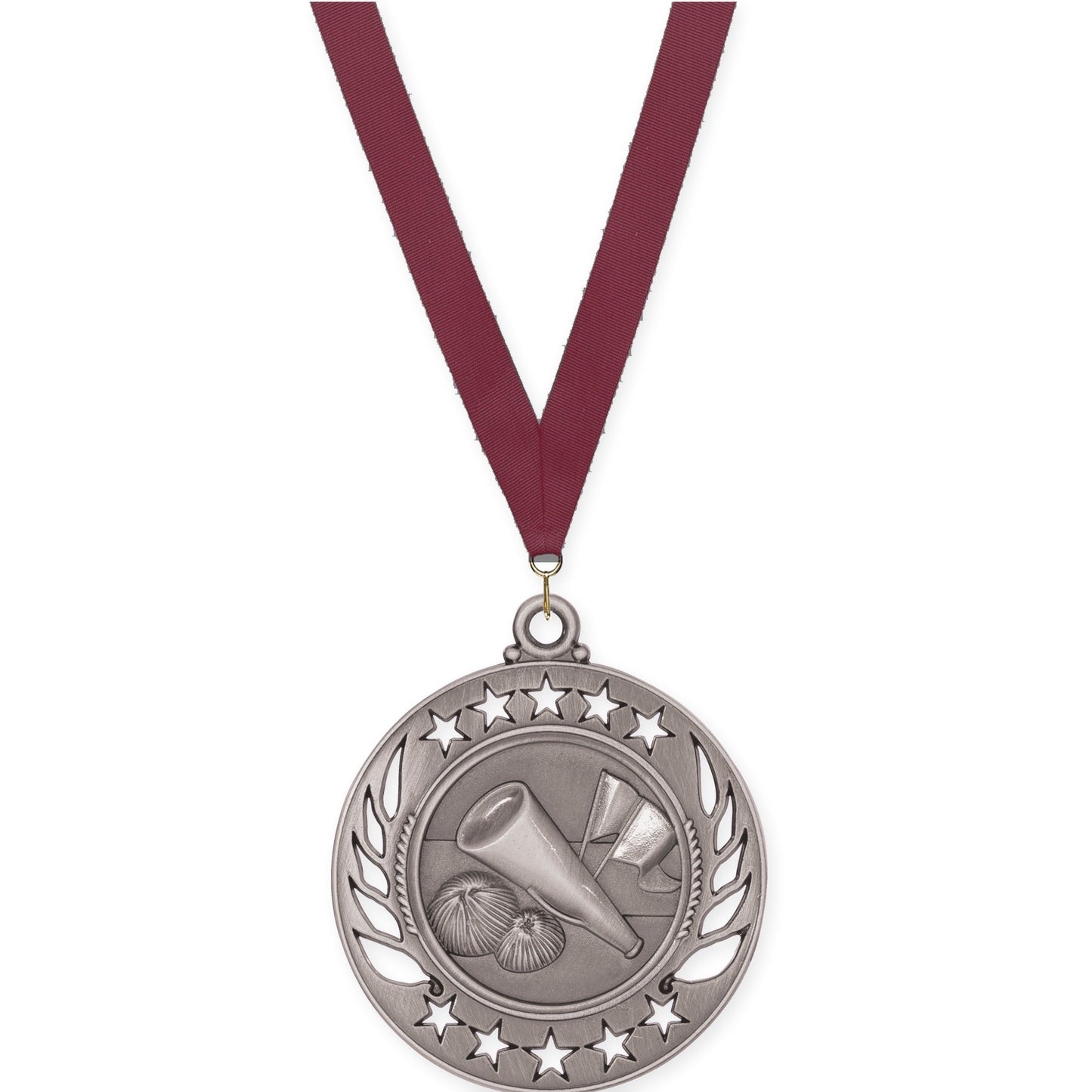 2 1/4 inch cheerleading Galaxy medal in antique silver with Maroon neck ribbon