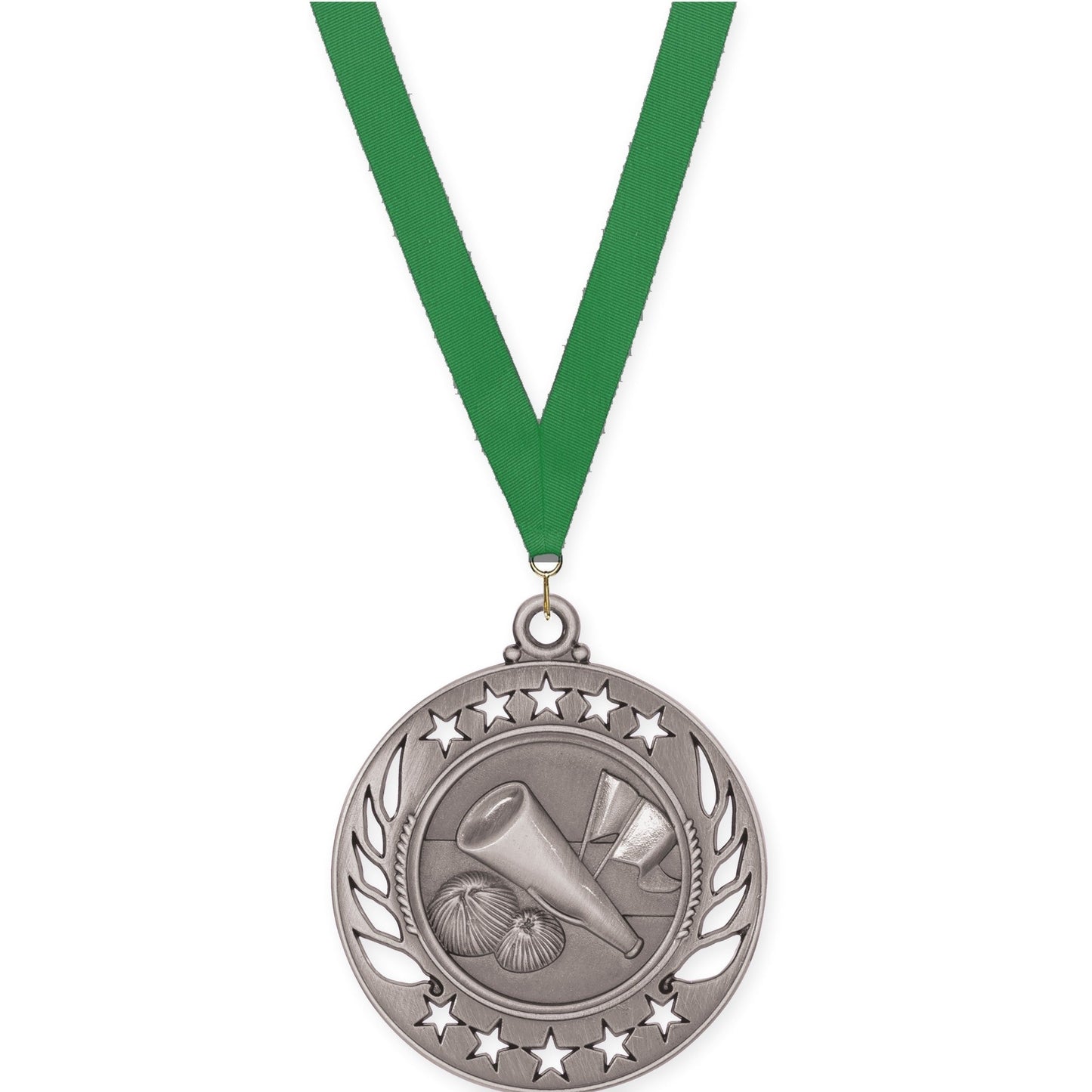 2 1/4 inch cheerleading Galaxy medal in antique silver with Green neck ribbon