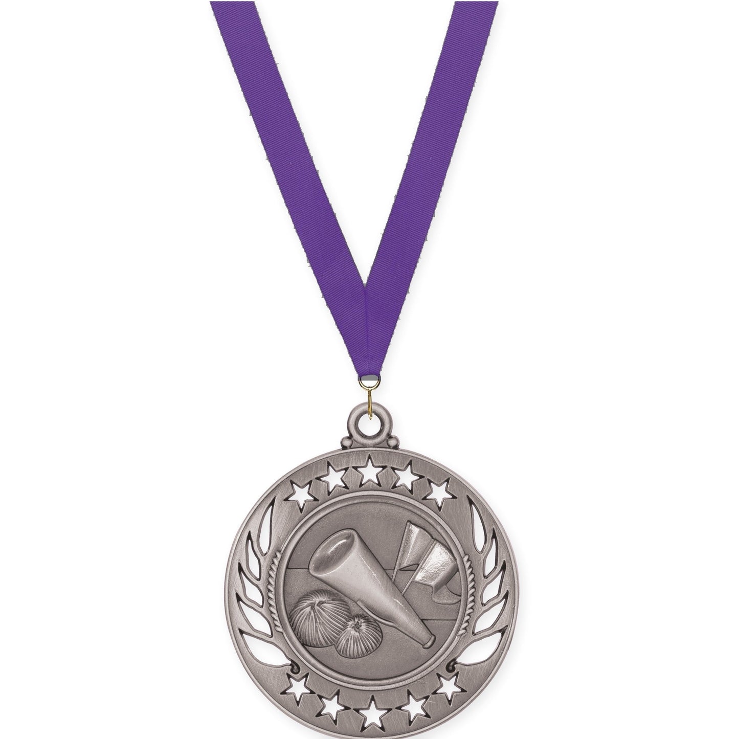 2 1/4 inch cheerleading Galaxy medal in antique silver with Purple neck ribbon