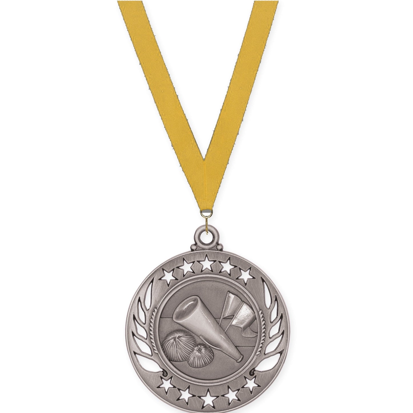 2 1/4 inch cheerleading Galaxy medal in antique silver with Gold neck ribbon