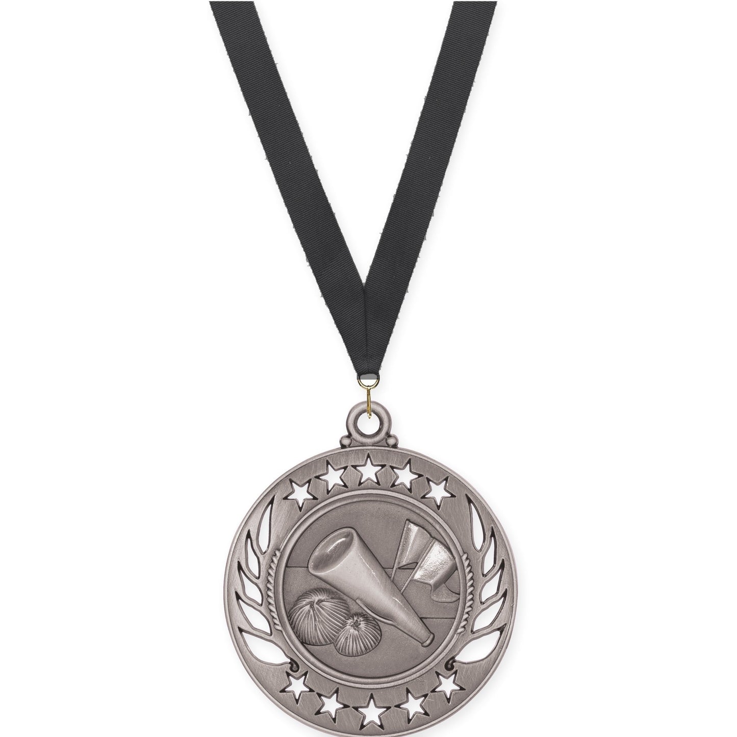 2 1/4 inch cheerleading Galaxy medal in antique silver with Black neck ribbon