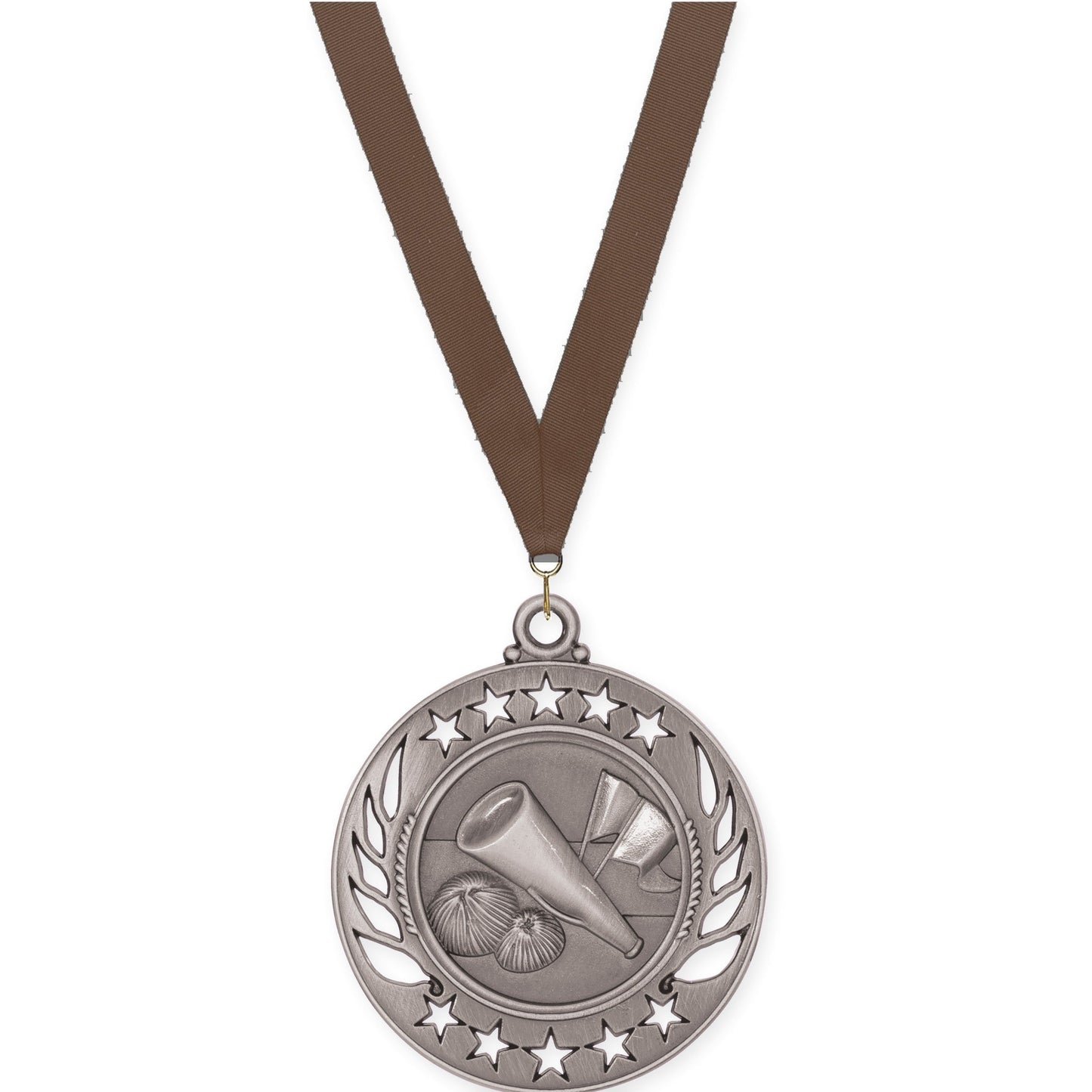 2 1/4 inch cheerleading Galaxy medal in antique silver with Brown neck ribbon