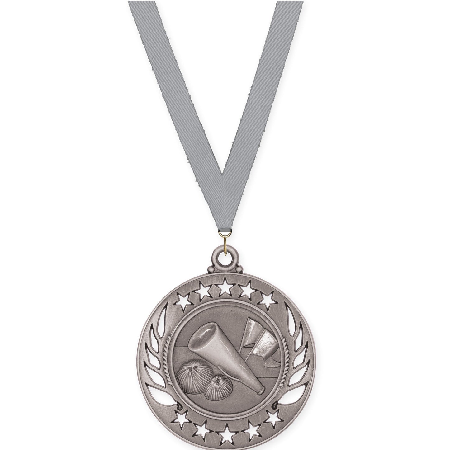 2 1/4 inch cheerleading Galaxy medal in antique silver with Gray neck ribbon