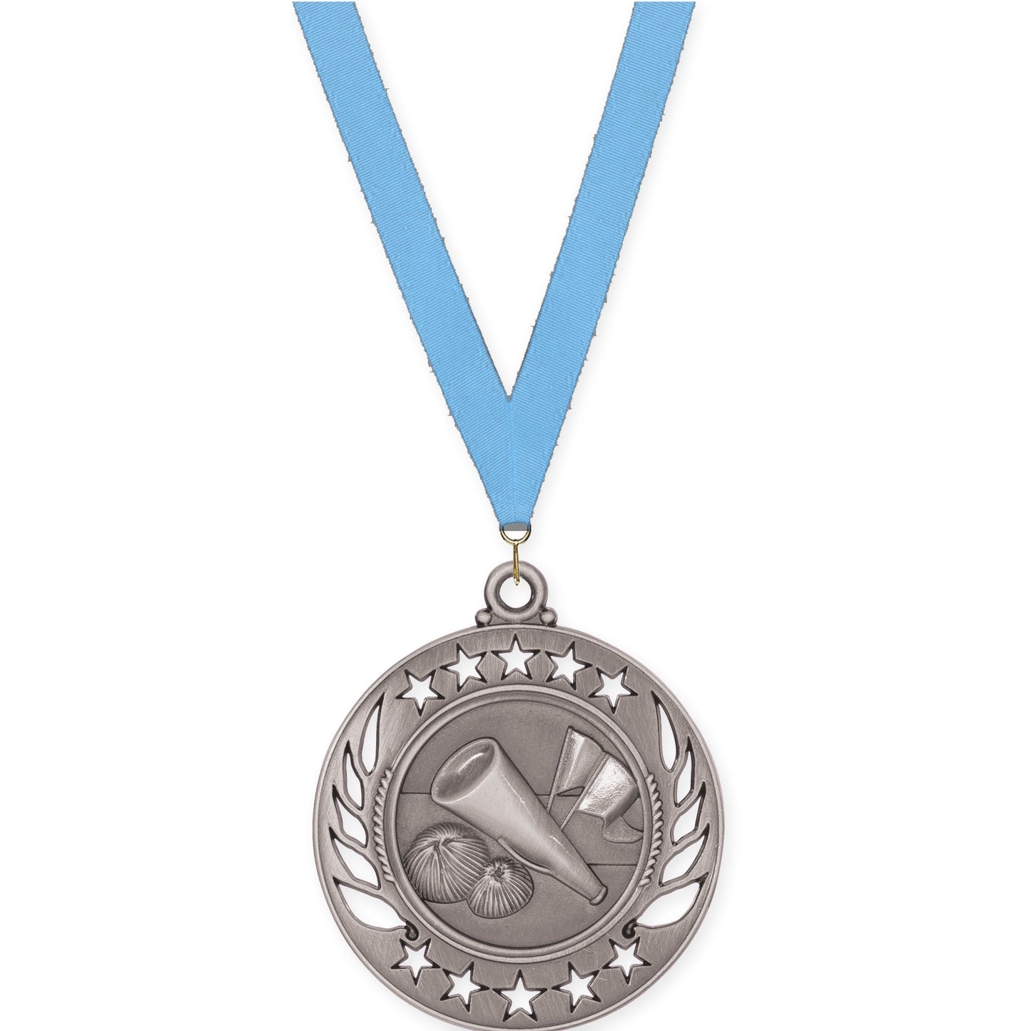 2 1/4 inch cheerleading Galaxy medal in antique silver with Light Blue neck ribbon