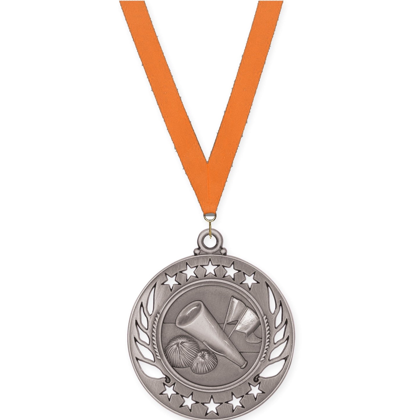 2 1/4 inch cheerleading Galaxy medal in antique silver with Orange neck ribbon
