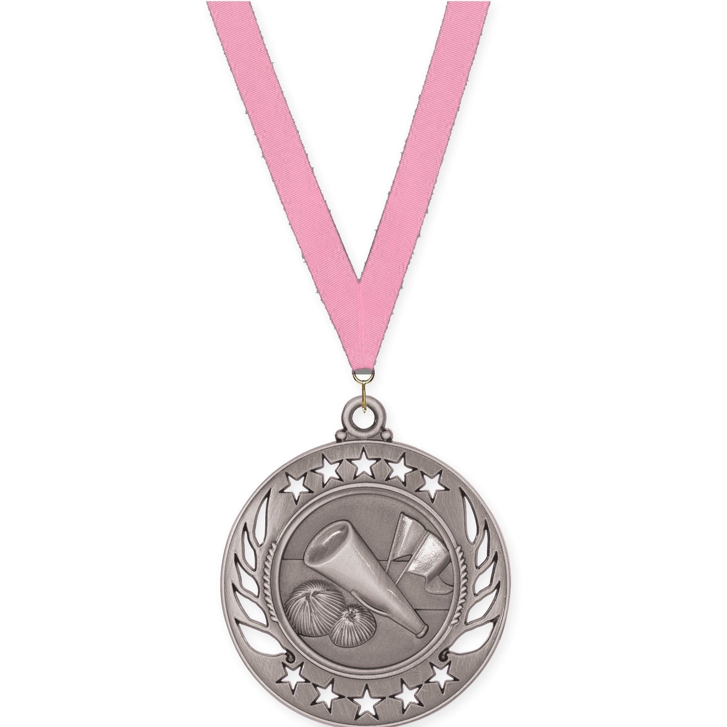 2 1/4 inch cheerleading Galaxy medal in antique silver with Pink neck ribbon