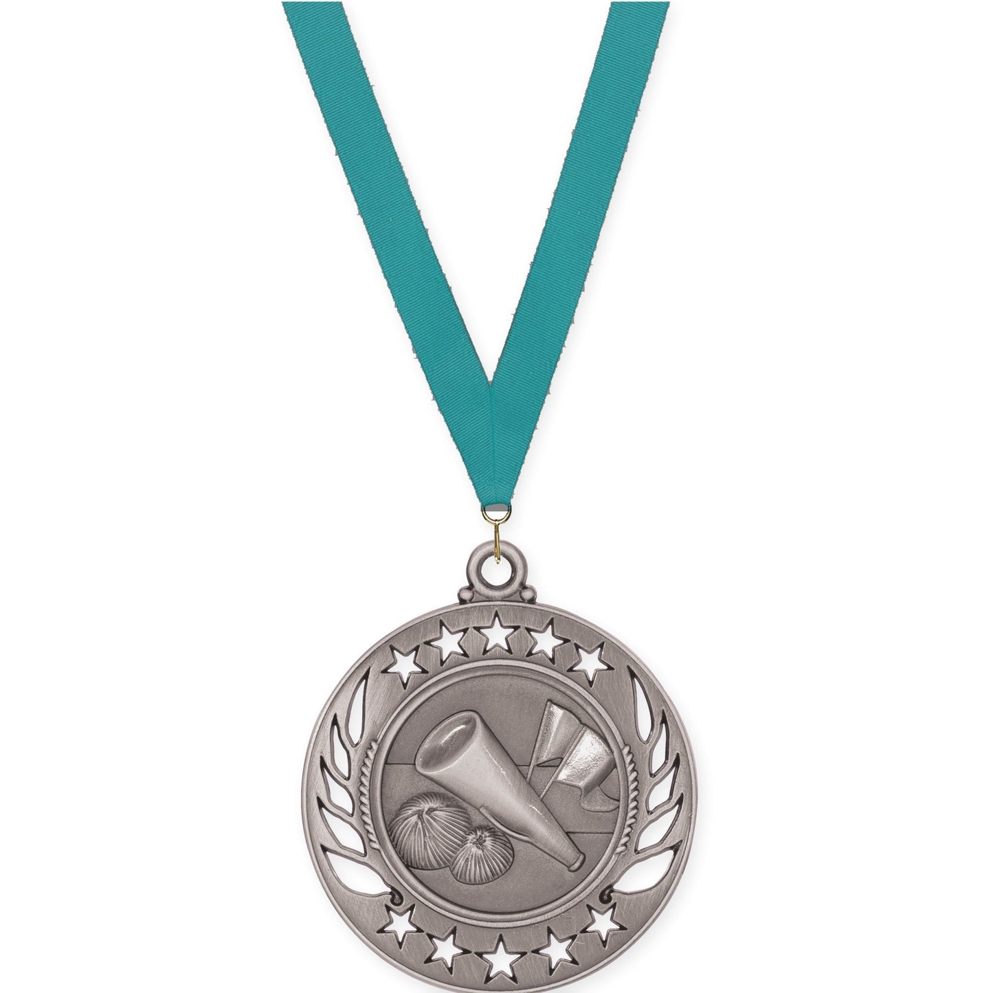 2 1/4 inch cheerleading Galaxy medal in antique silver with Teal neck ribbon