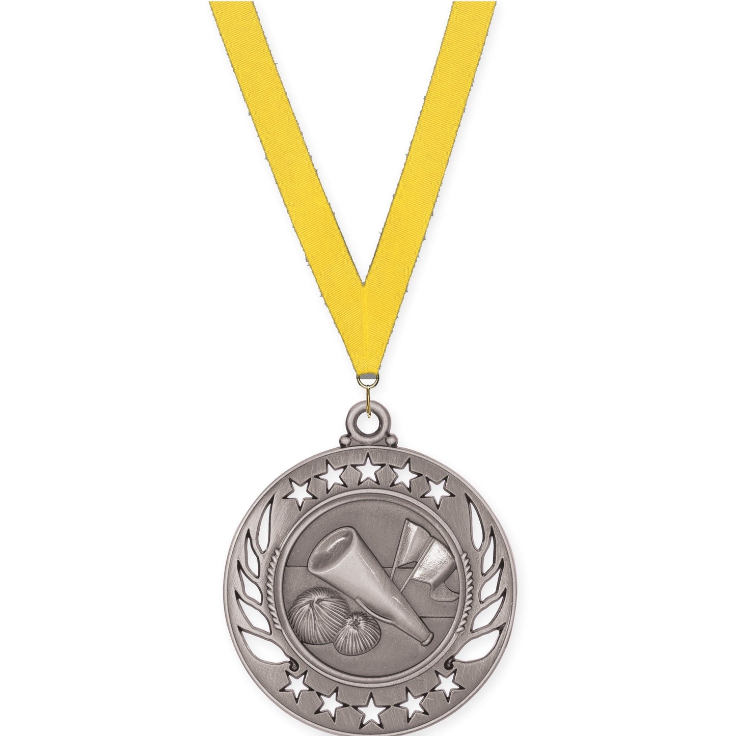 2 1/4 inch cheerleading Galaxy medal in antique silver with Yellow neck ribbon