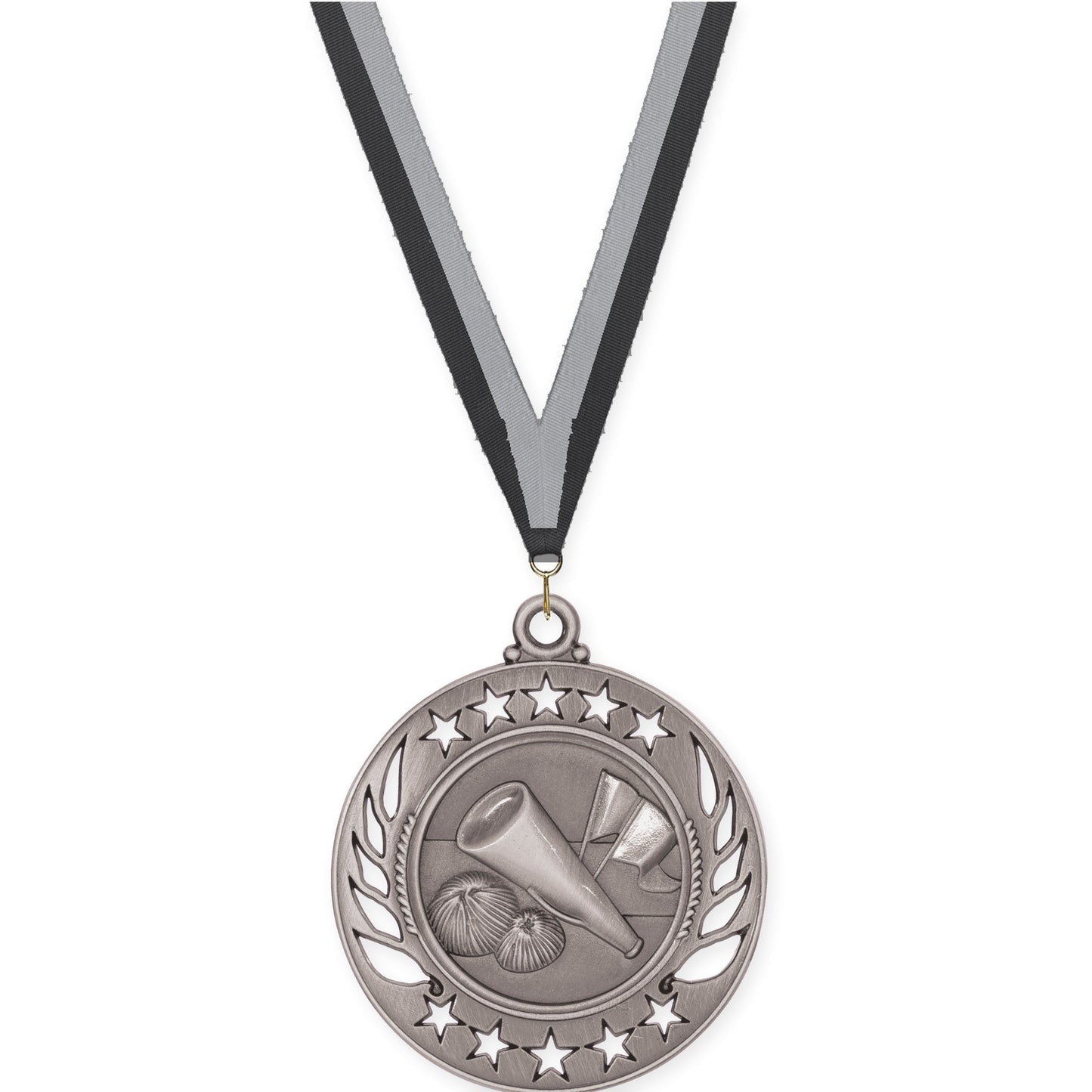 2 1/4 inch cheerleading Galaxy medal in antique silver with Black Gray neck ribbon