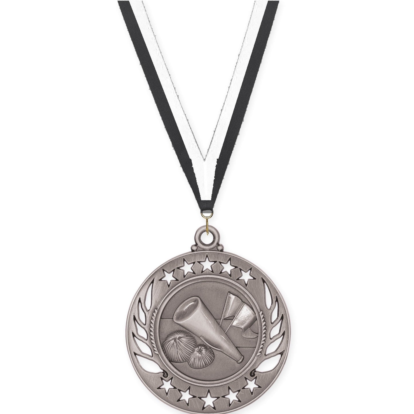 2 1/4 inch cheerleading Galaxy medal in antique silver with Black White neck ribbon