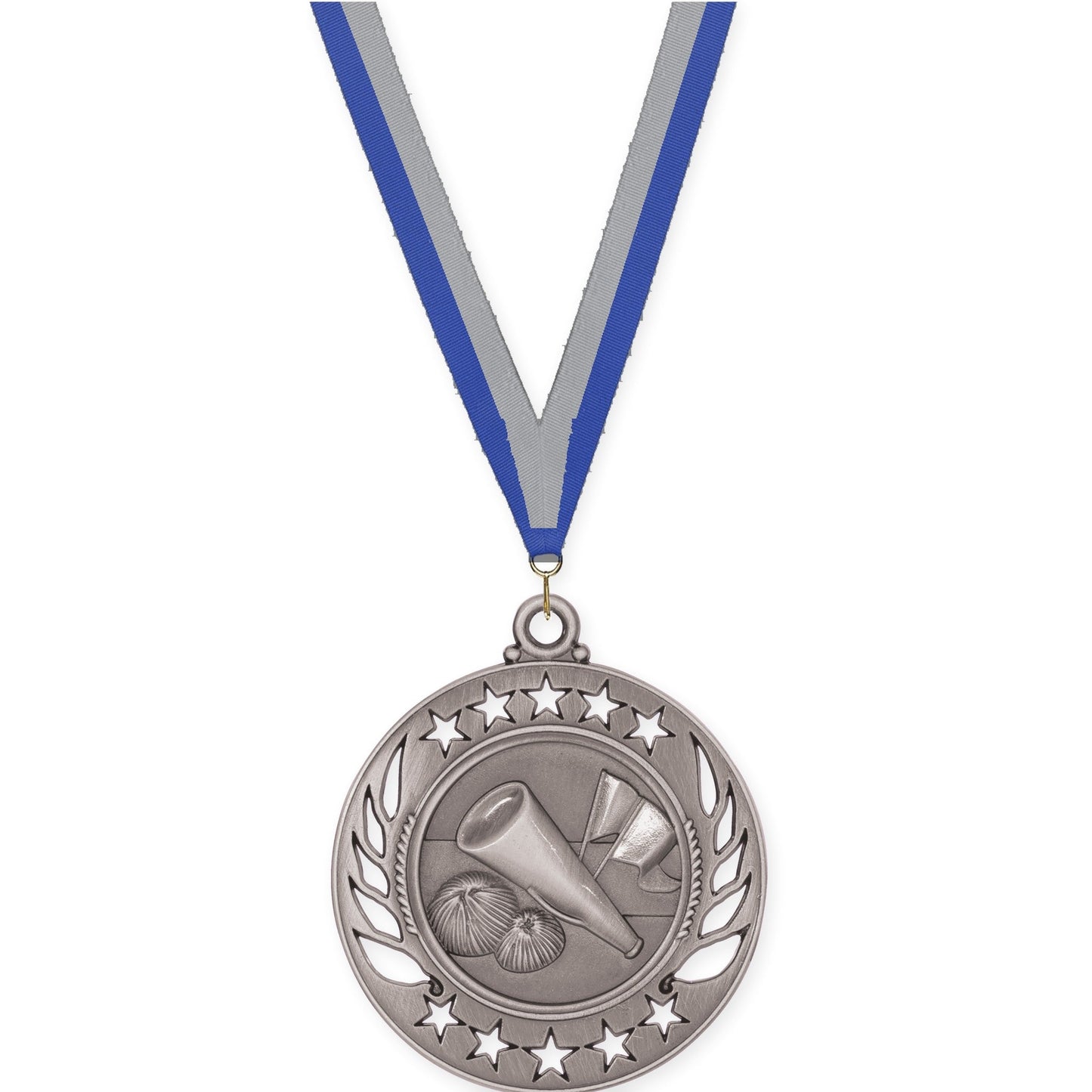 2 1/4 inch cheerleading Galaxy medal in antique silver with Blue Gray neck ribbon