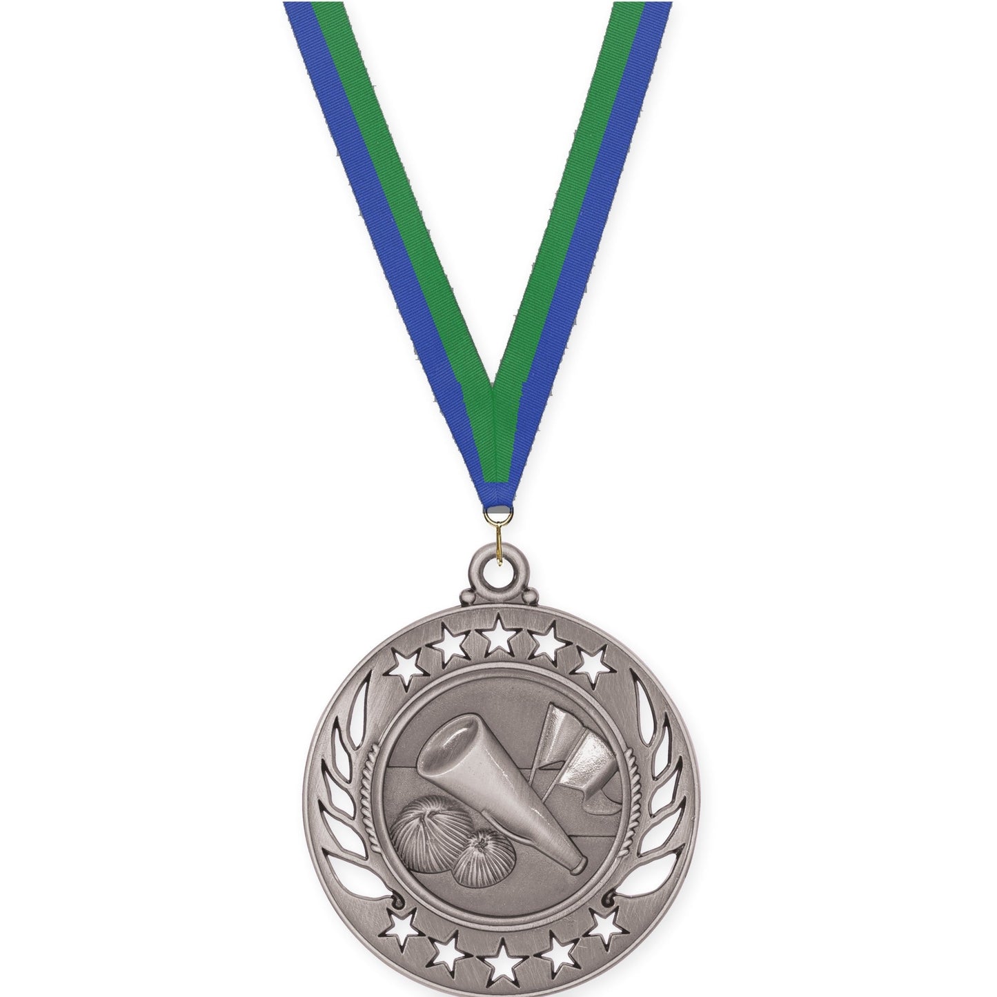 2 1/4 inch cheerleading Galaxy medal in antique silver with Blue Green neck ribbon