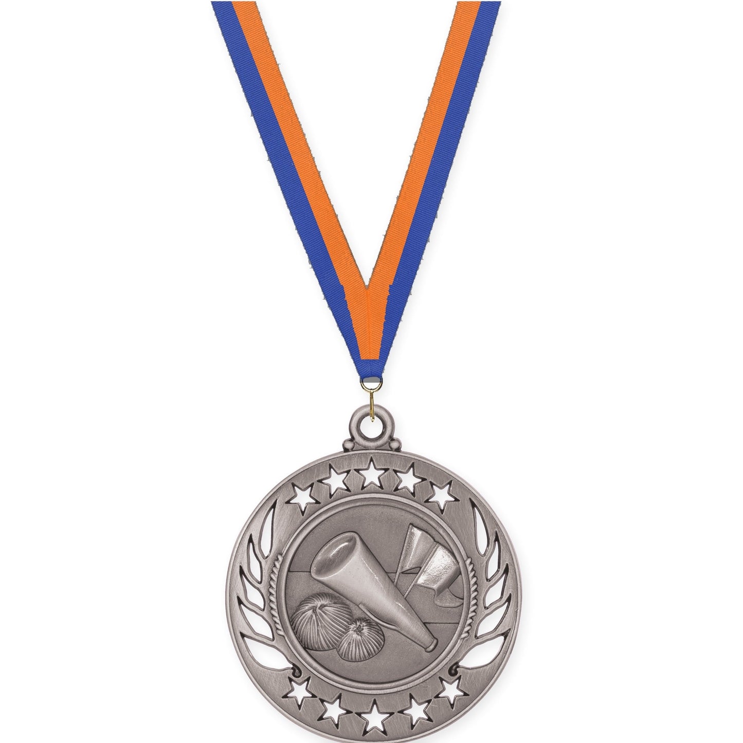 2 1/4 inch cheerleading Galaxy medal in antique silver with Blue Orange neck ribbon