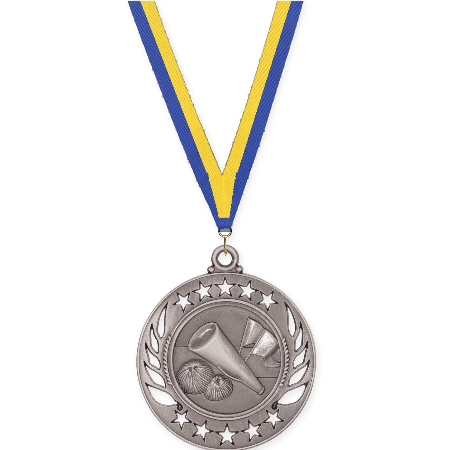 2 1/4 inch cheerleading Galaxy medal in antique silver with Blue Yellow neck ribbon