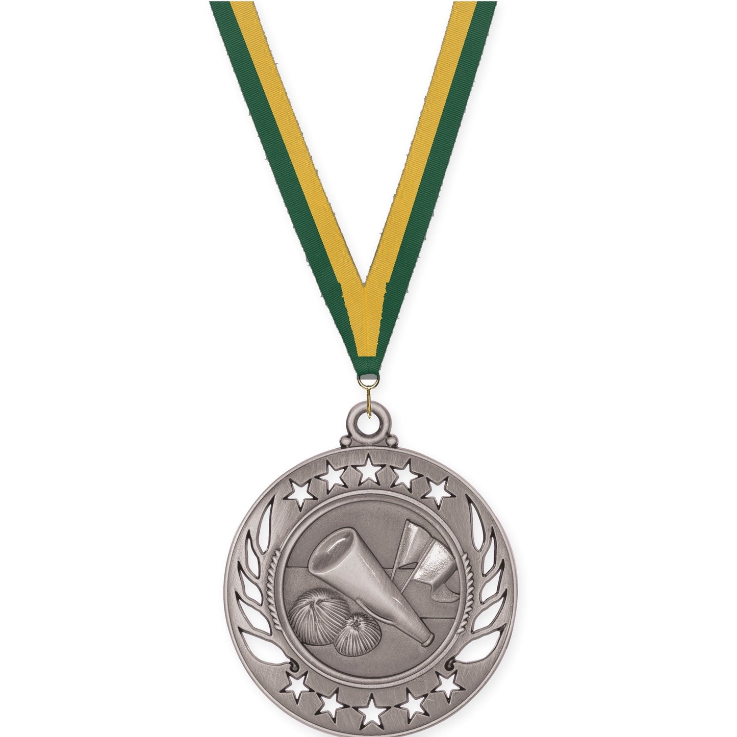 2 1/4 inch cheerleading Galaxy medal in antique silver with Hunter Green Gold neck ribbon