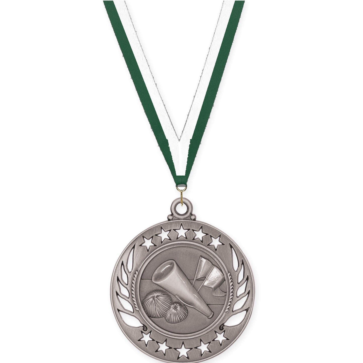 2 1/4 inch cheerleading Galaxy medal in antique silver with Hunter Green White neck ribbon
