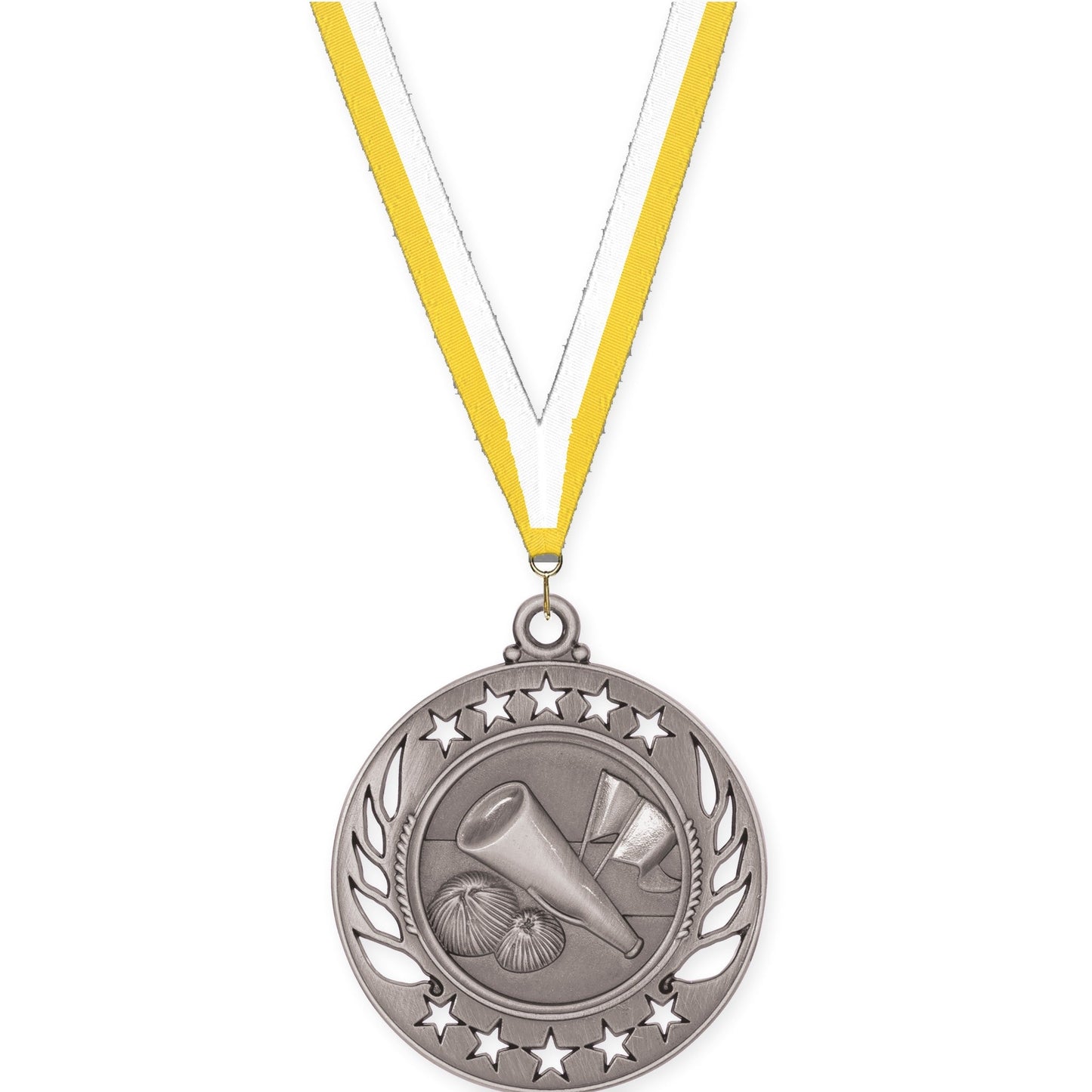 2 1/4 inch cheerleading Galaxy medal in antique silver with Yellow White neck ribbon