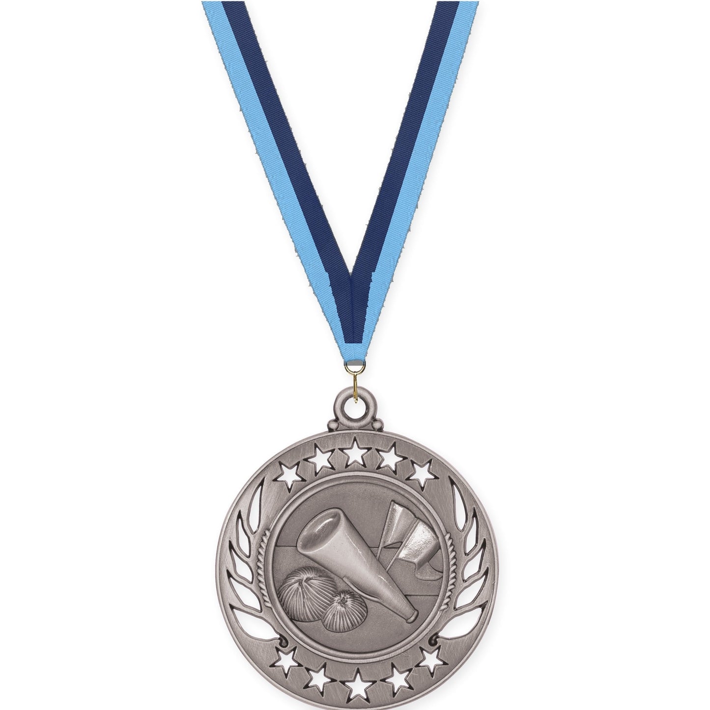 2 1/4 inch cheerleading Galaxy medal in antique silver with Light Blue Navy neck ribbon