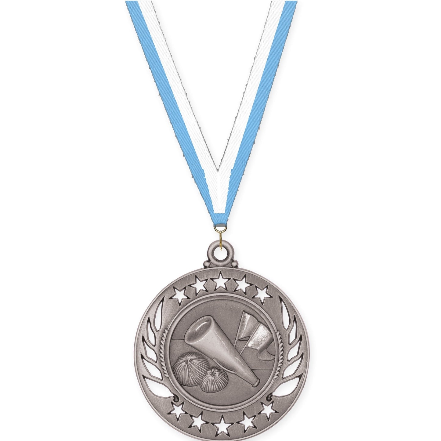 2 1/4 inch cheerleading Galaxy medal in antique silver with Light Blue White neck ribbon