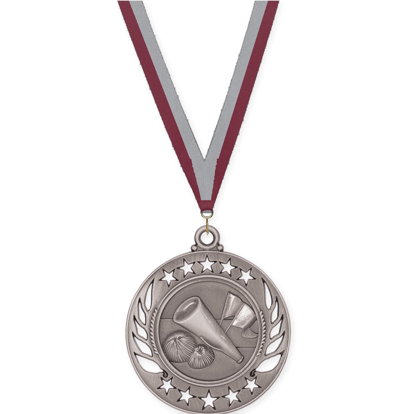 2 1/4 inch cheerleading Galaxy medal in antique silver with Maroon Gray neck ribbon