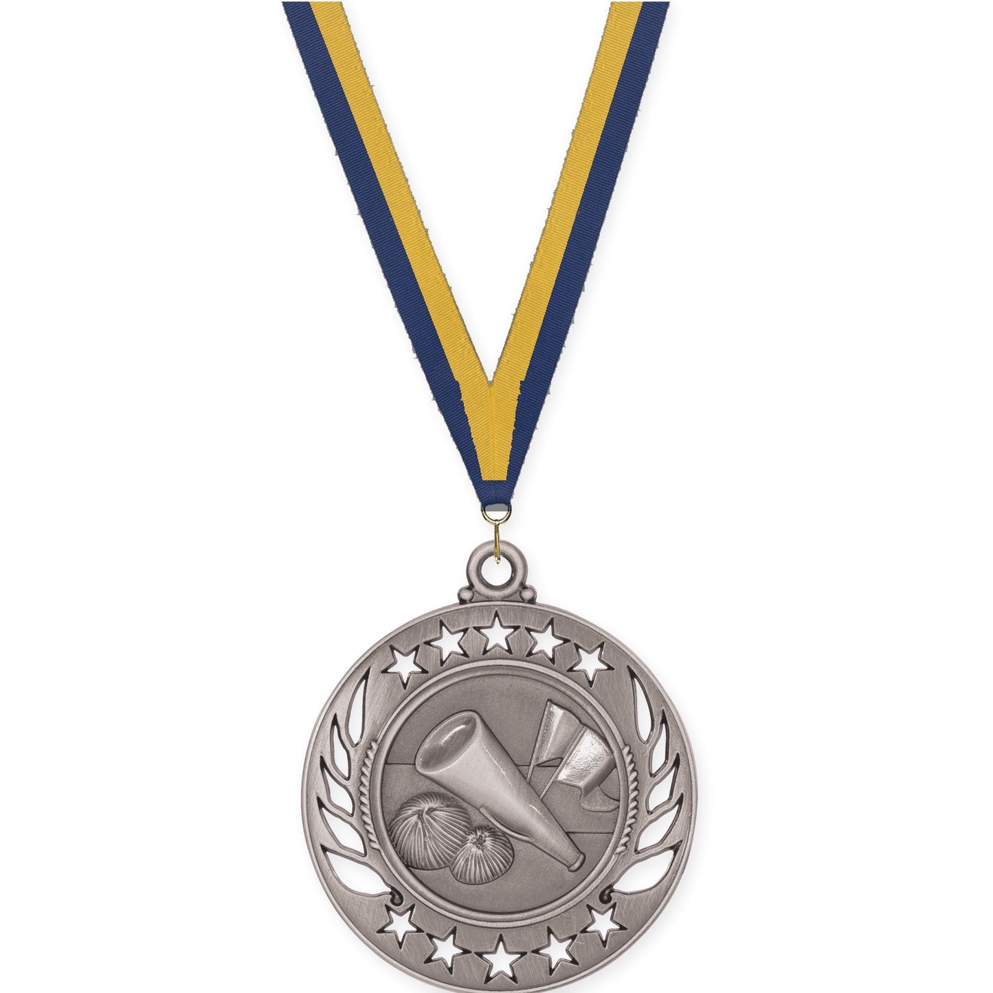 2 1/4 inch cheerleading Galaxy medal in antique silver with Navy Gold neck ribbon