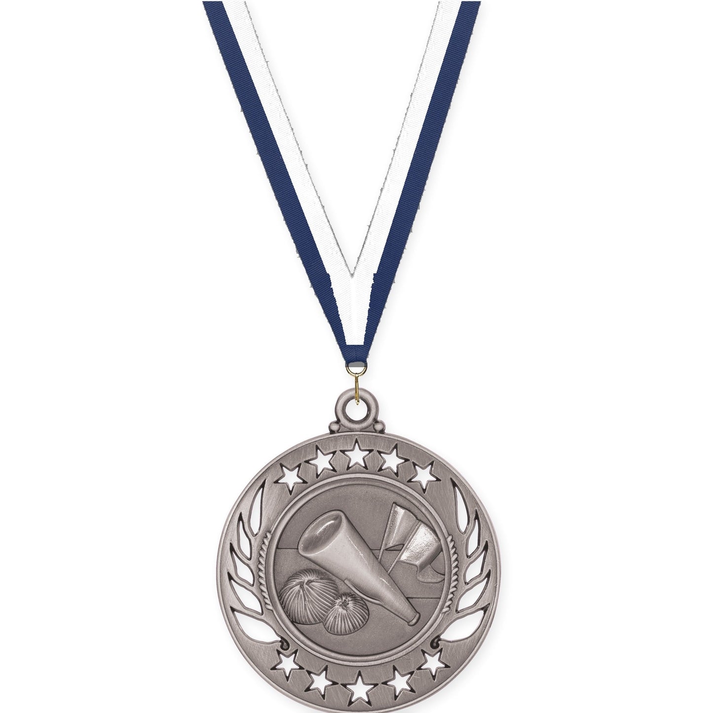 2 1/4 inch cheerleading Galaxy medal in antique silver with Navy White neck ribbon