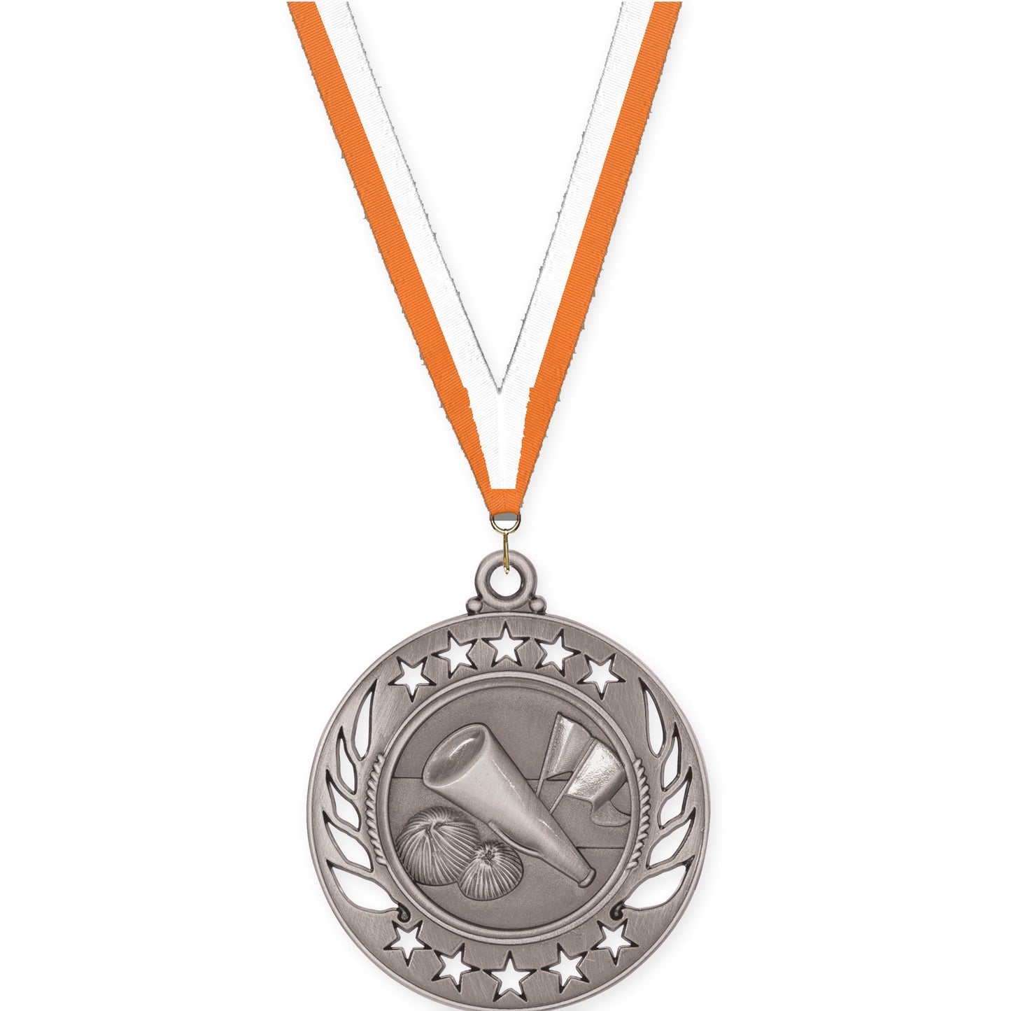 2 1/4 inch cheerleading Galaxy medal in antique silver with Orange White neck ribbon