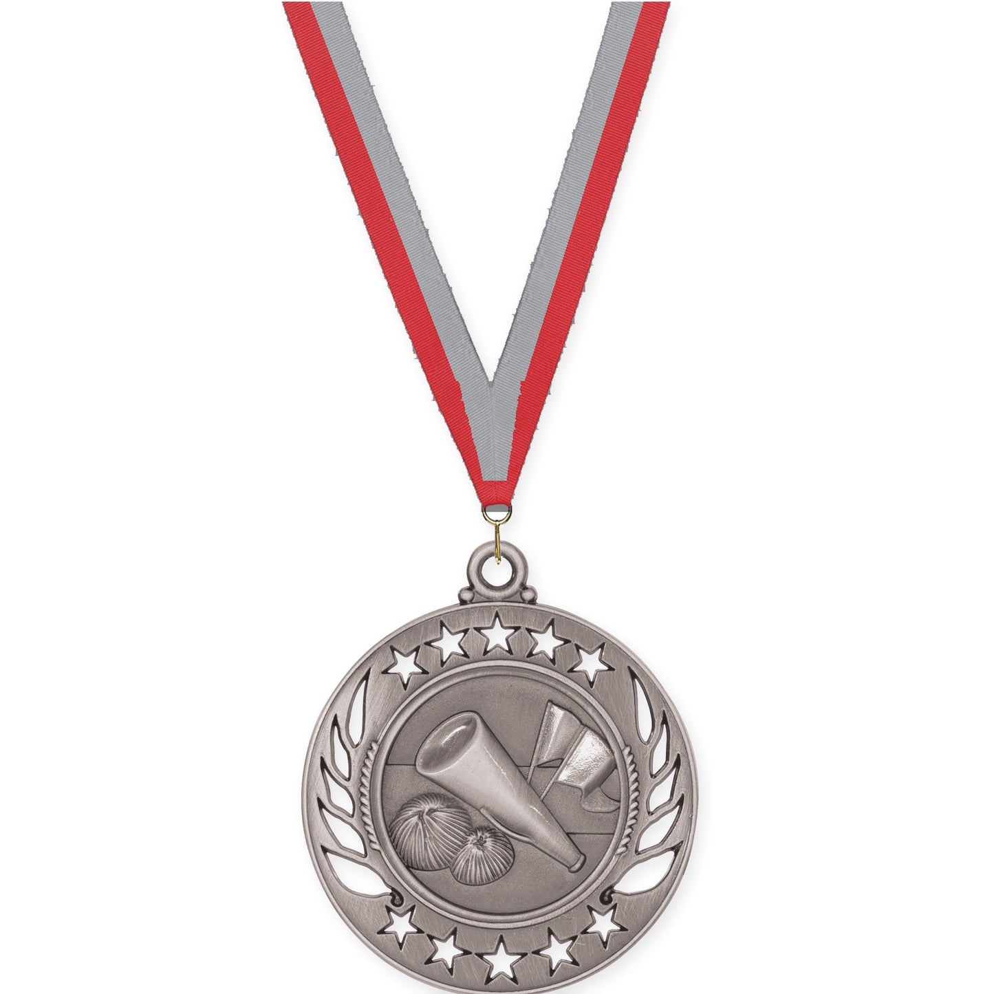 2 1/4 inch cheerleading Galaxy medal in antique silver with Red Gray neck ribbon