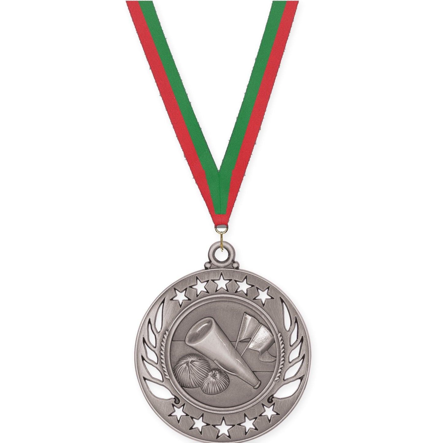 2 1/4 inch cheerleading Galaxy medal in antique silver with Red Green neck ribbon