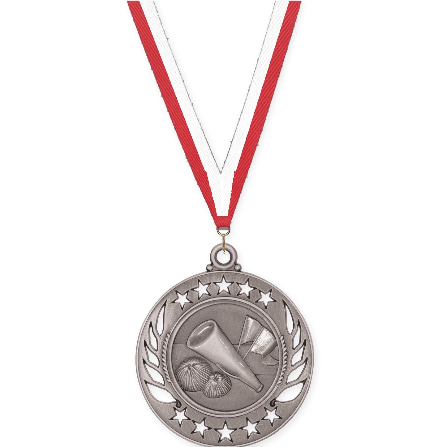 2 1/4 inch cheerleading Galaxy medal in antique silver with Red White neck ribbon
