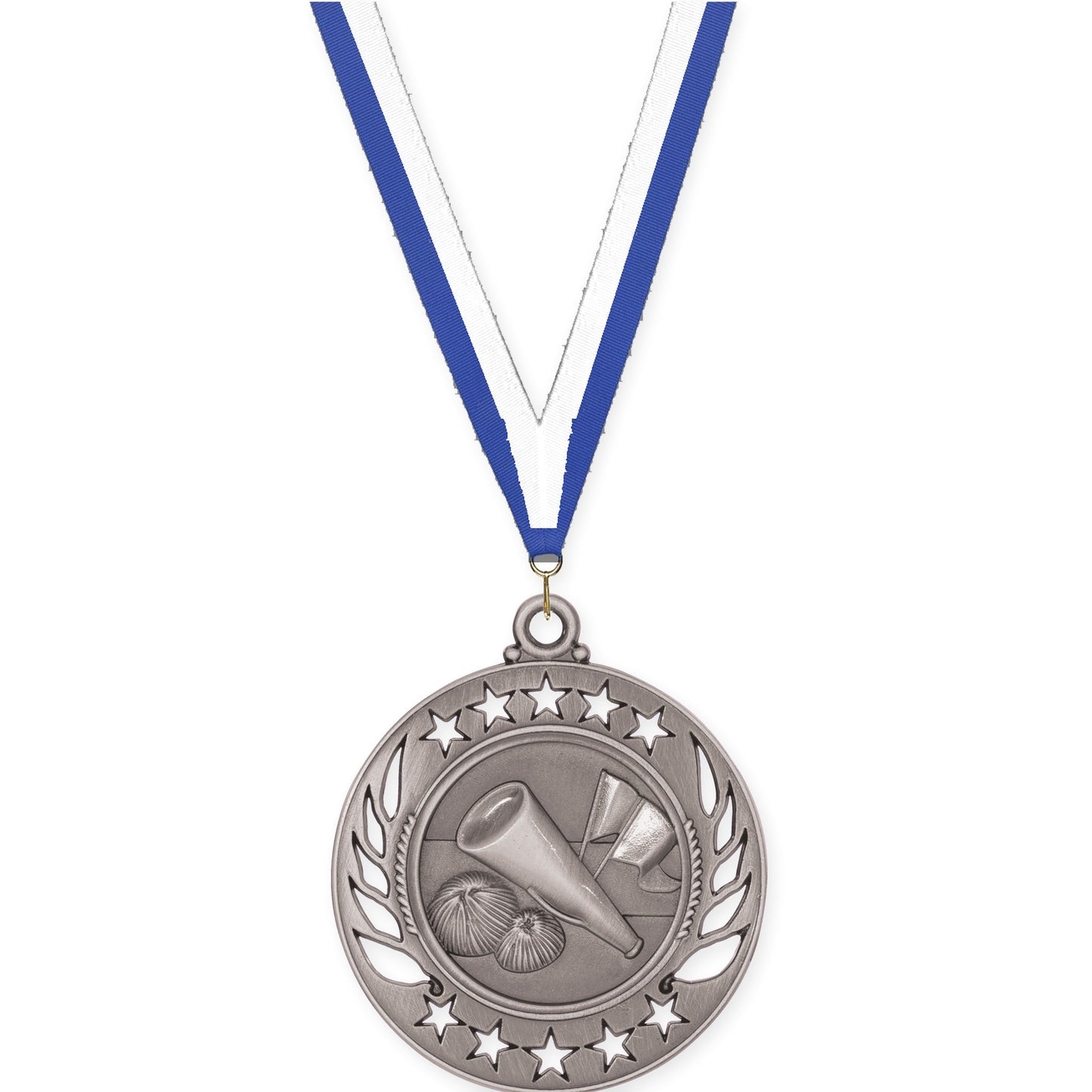 2 1/4 inch cheerleading Galaxy medal in antique silver with Blue White neck ribbon
