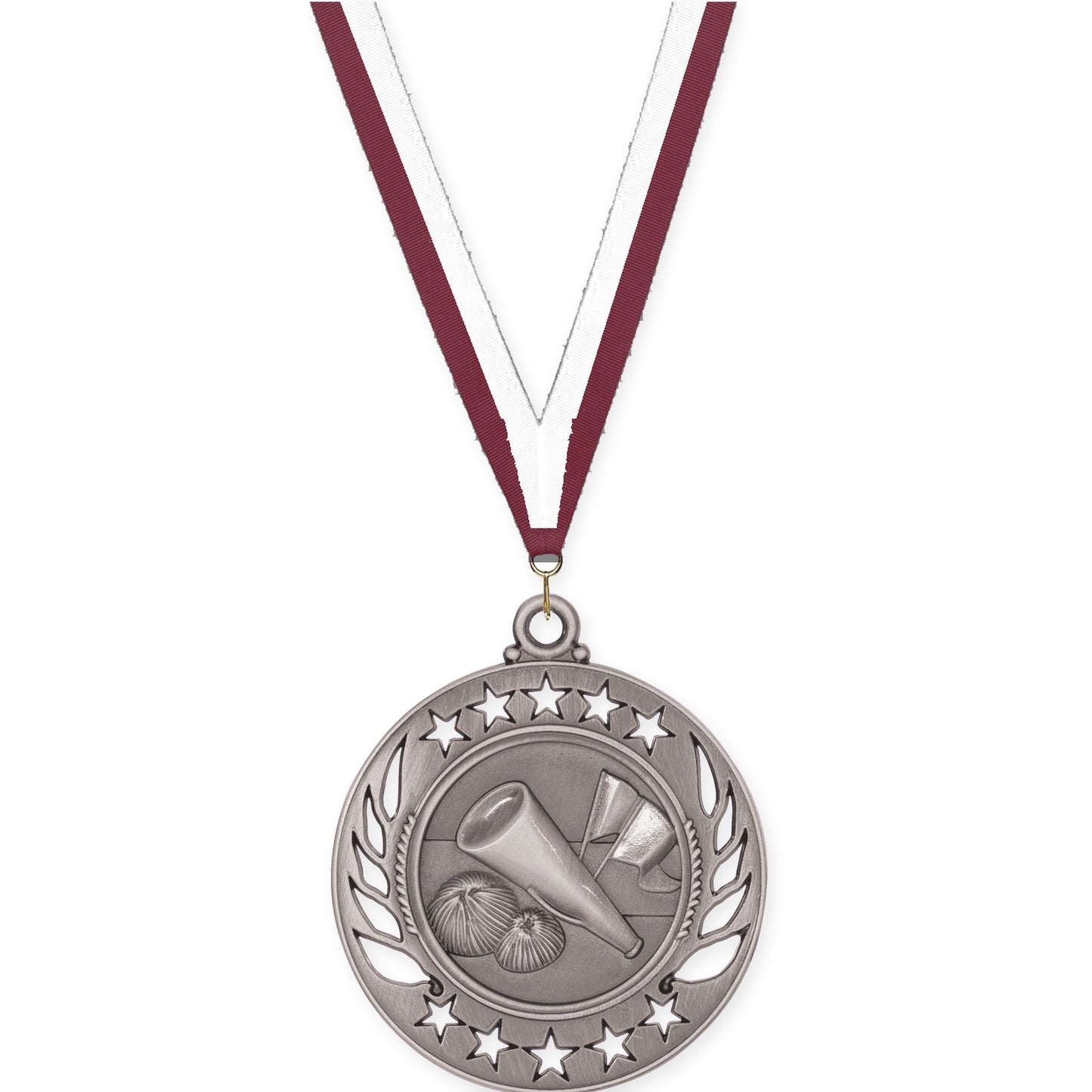 2 1/4 inch cheerleading Galaxy medal in antique silver with Maroon White neck ribbon